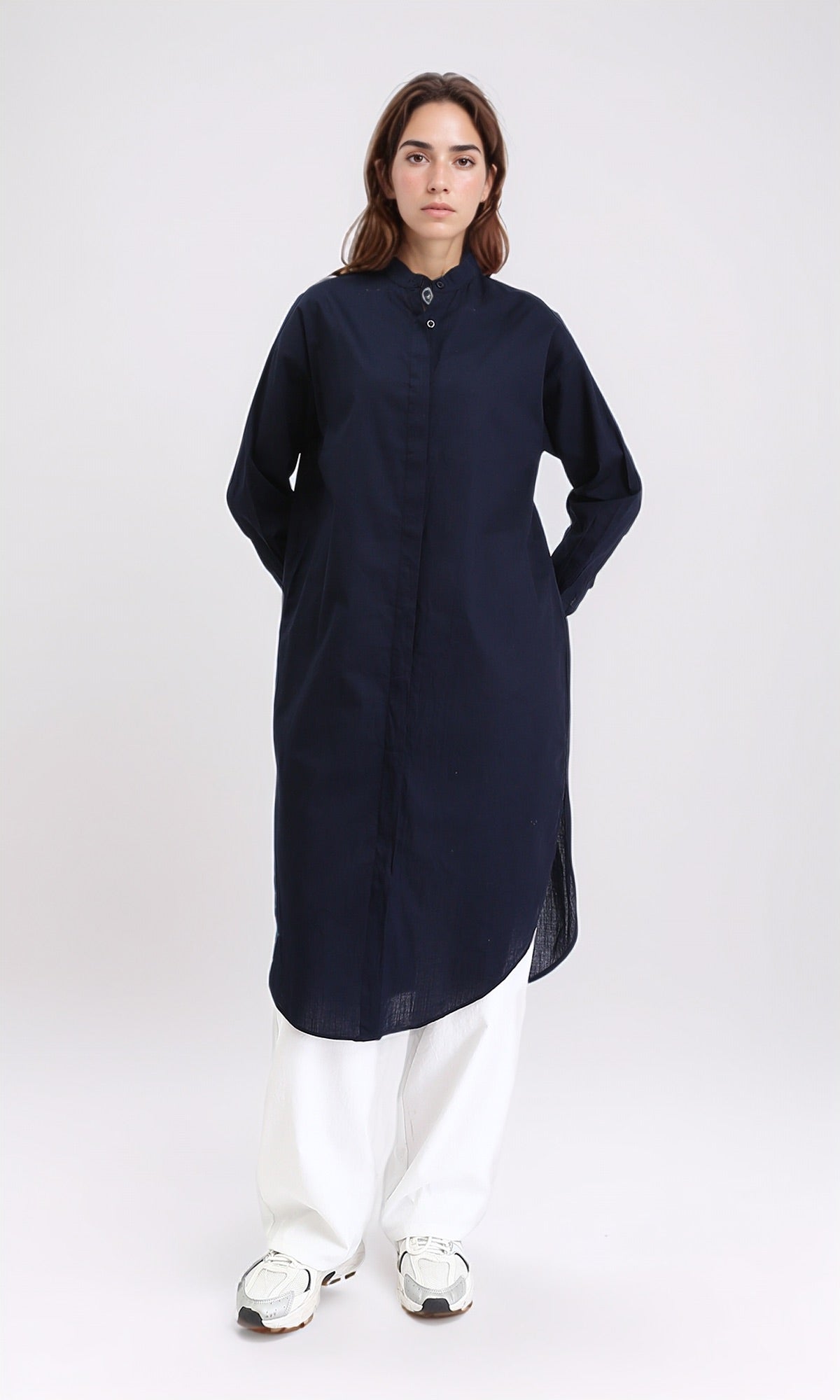 Men's Mandarin Collar Long Sleeve Solid Shirt - Navy Blue Slim Fit Casual Button Up for Work & Daily Wear