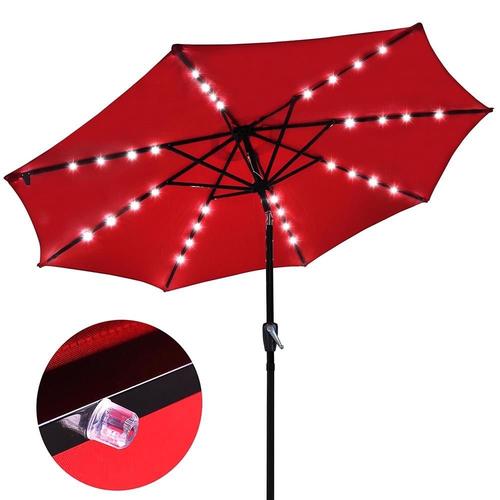 9 Ft Outdoor Tilt Umbrella with Solar LED Lights - Red Patio Umbrella for Garden, Poolside & Backyard - Weather-Resistant Sun Shade with Adjustable Cantilever Design