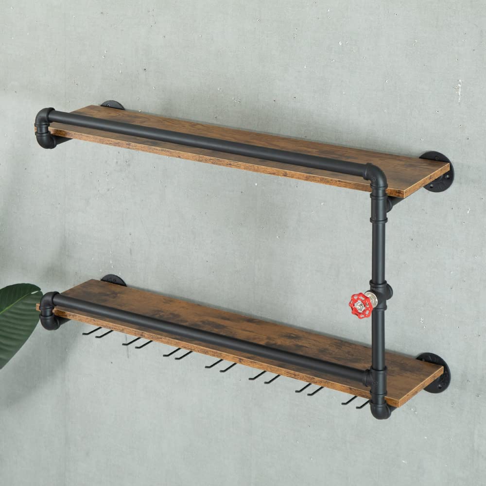2-Tier Wall Mounted Wine Rack with Glass Holder - Industrial Rustic Pipe Floating Bar Shelf for Kitchen, Dining Room & Home Decor (35.4x10.6x19.7in, Black) - Perfect for Farmhouse Style, Small Spaces & Entertaining Guests