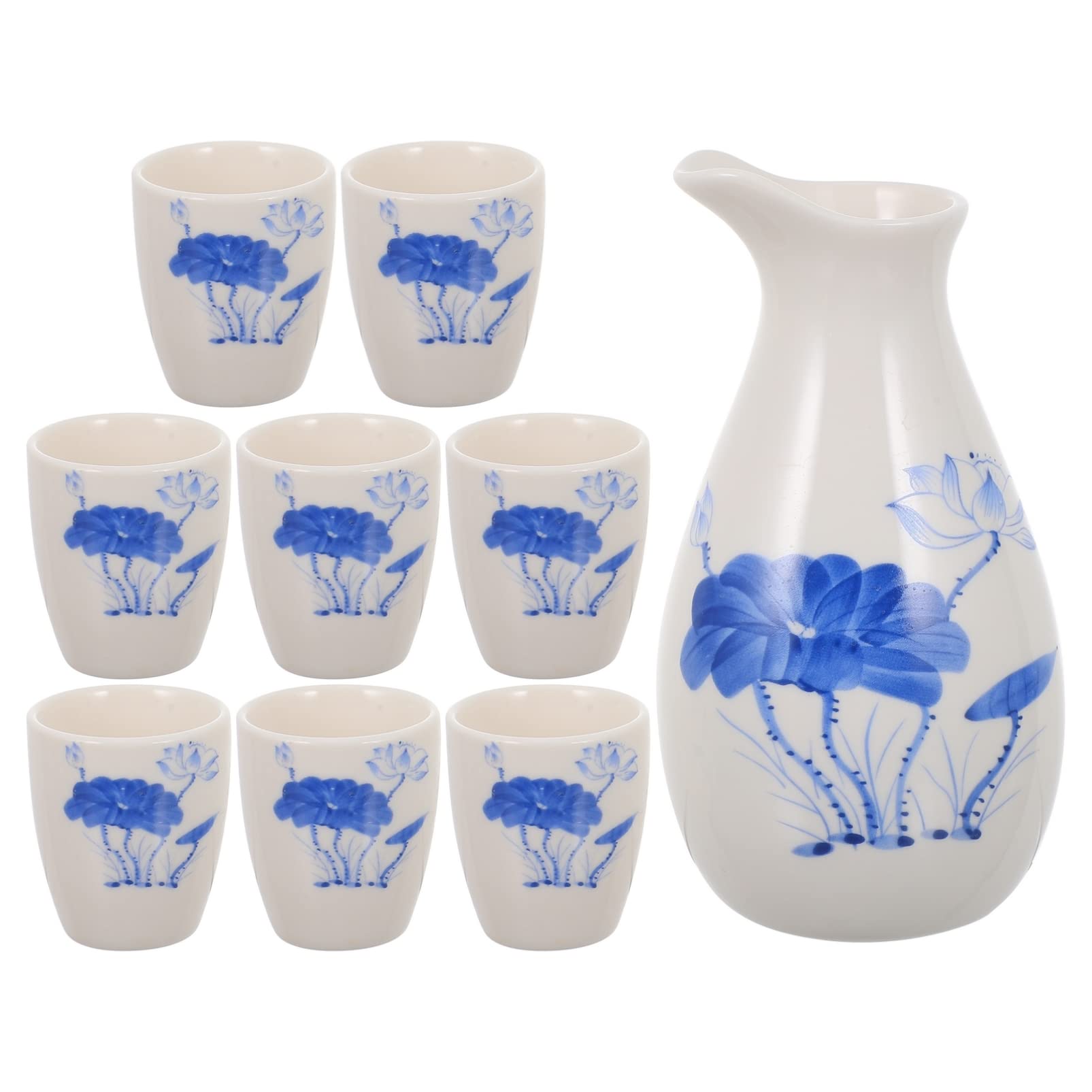 Premium Japanese Sake Set - 9-Piece Ceramic Sake Pot & Cups with Elegant Print - Traditional Tea Wine Bottle & Liquor Dispenser - Perfect for Home Entertaining, Japanese Cuisine & Gift Giving