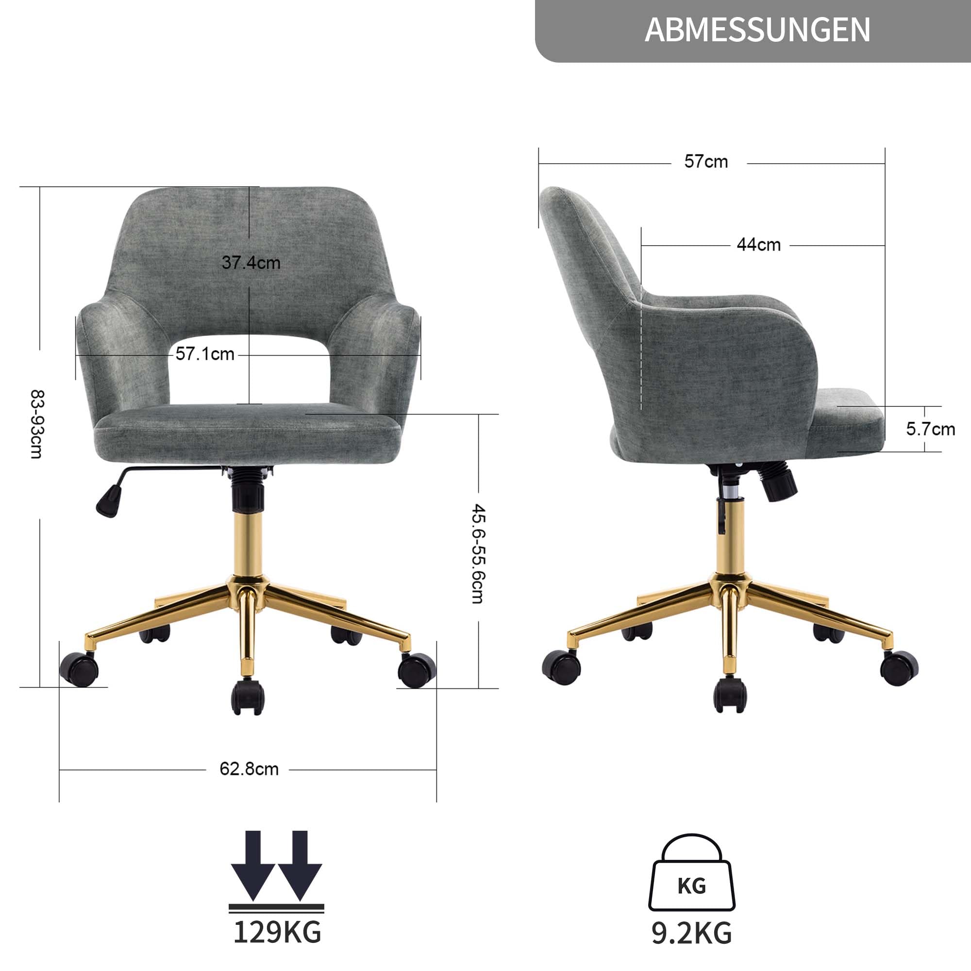 DUHOME Ergonomic Home Office Desk Chair with Wheels - Adjustable Swivel Fabric Computer Chair with Hollow Mid-Back Backrest, Comfortable Task Chair for Working, Studying & Gaming - Perfect for Office, Living Room & Bedroom (Light Grey with Golden Base)