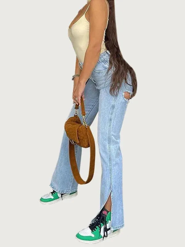 Women's High Waist Ripped Skinny Jeans with Side Slits - Trendy Stretch Denim Pants for Casual Outfits & Night Out