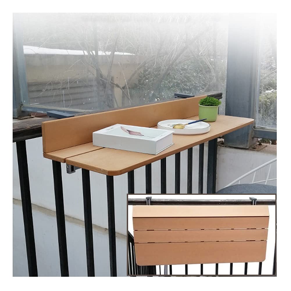 Adjustable Folding Hanging Table for Balcony Railing - 5 Height Settings, Space Saving Indoor Outdoor Side Table (120x37cm, Natural Wood) - Perfect for Patio, Garden, Deck, Coffee Break & Small Space Living
