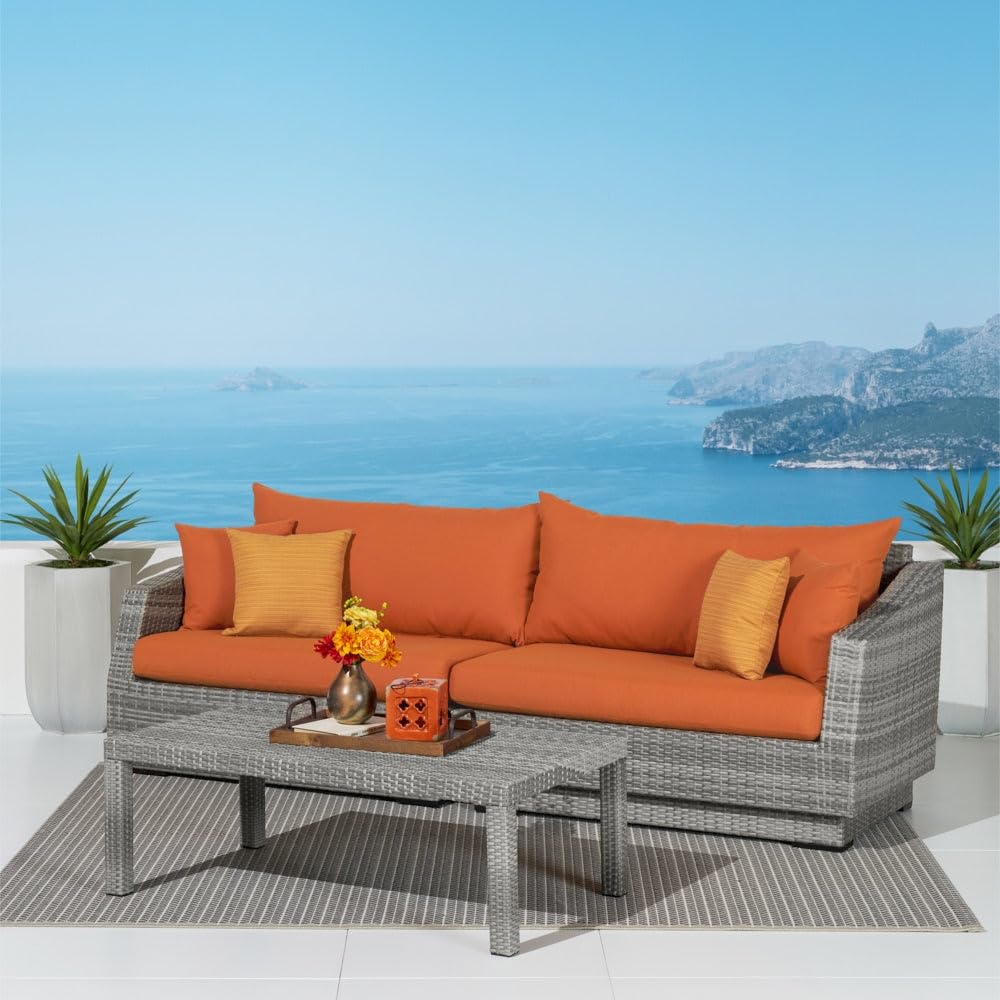RST Brands Cannes Outdoor Patio Sofa Set with Coffee Table - Navy Blue Water-Resistant Cushions for Backyard, Garden, and Poolside Relaxation