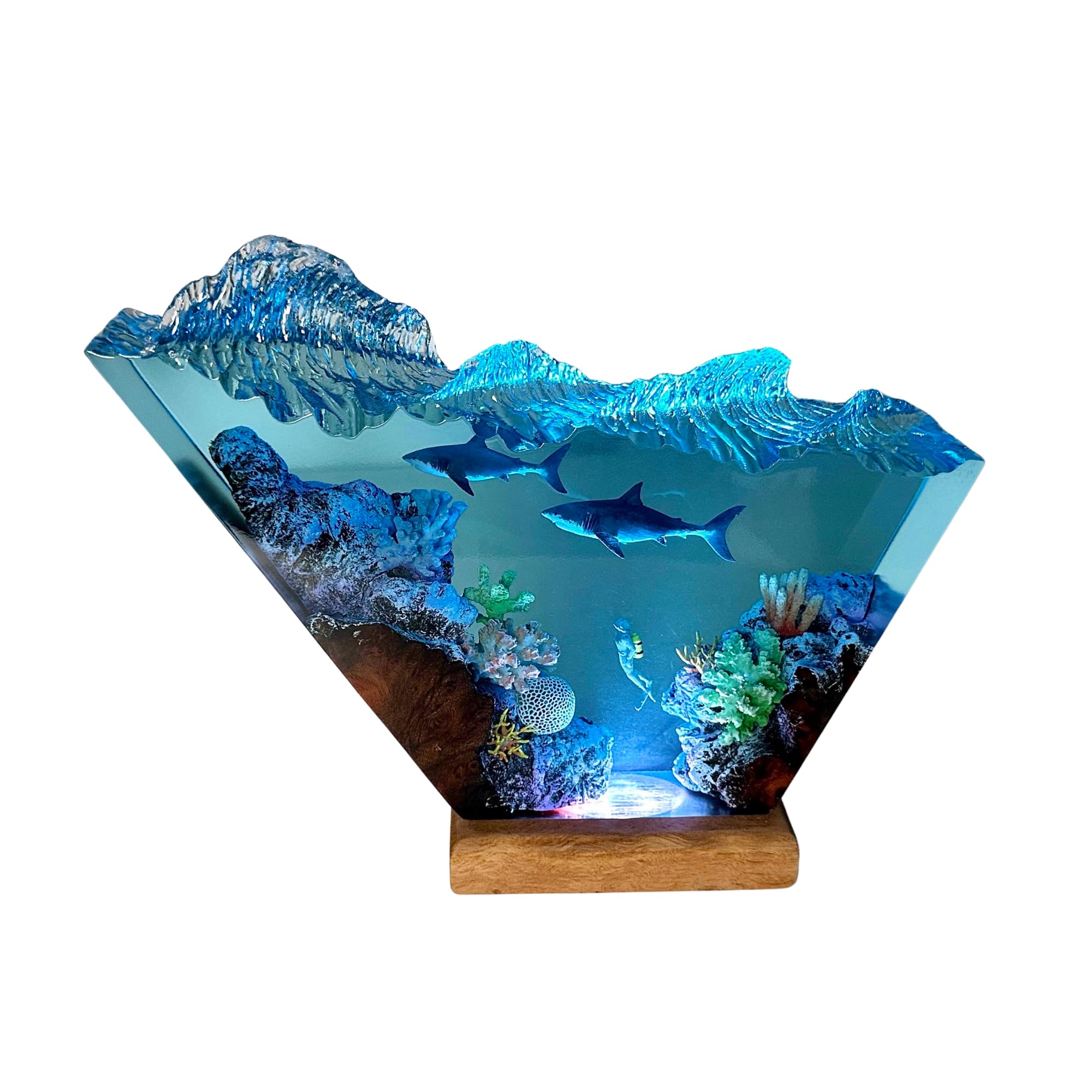 Handmade Great White Shark & Scuba Diver Resin Lamp - 12x6 Inch Deep Blue Ocean Epoxy Resin Night Light - Unique Valentine's Day Gift for Him/Her - Perfect for Bedroom, Living Room & Office Decor