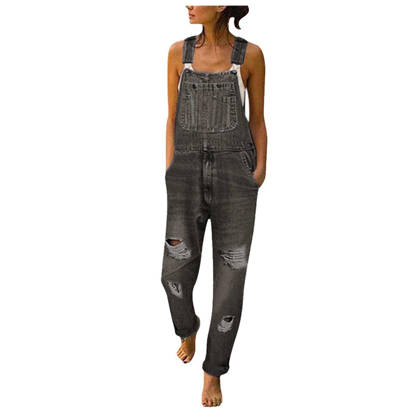 AAZJSS Women's Distressed Denim Overalls - Baggy Loose Fit Capri Jumpsuit with Adjustable Straps & Ripped Holes | Casual Outfit for Streetwear, Music Festivals & Everyday Wear