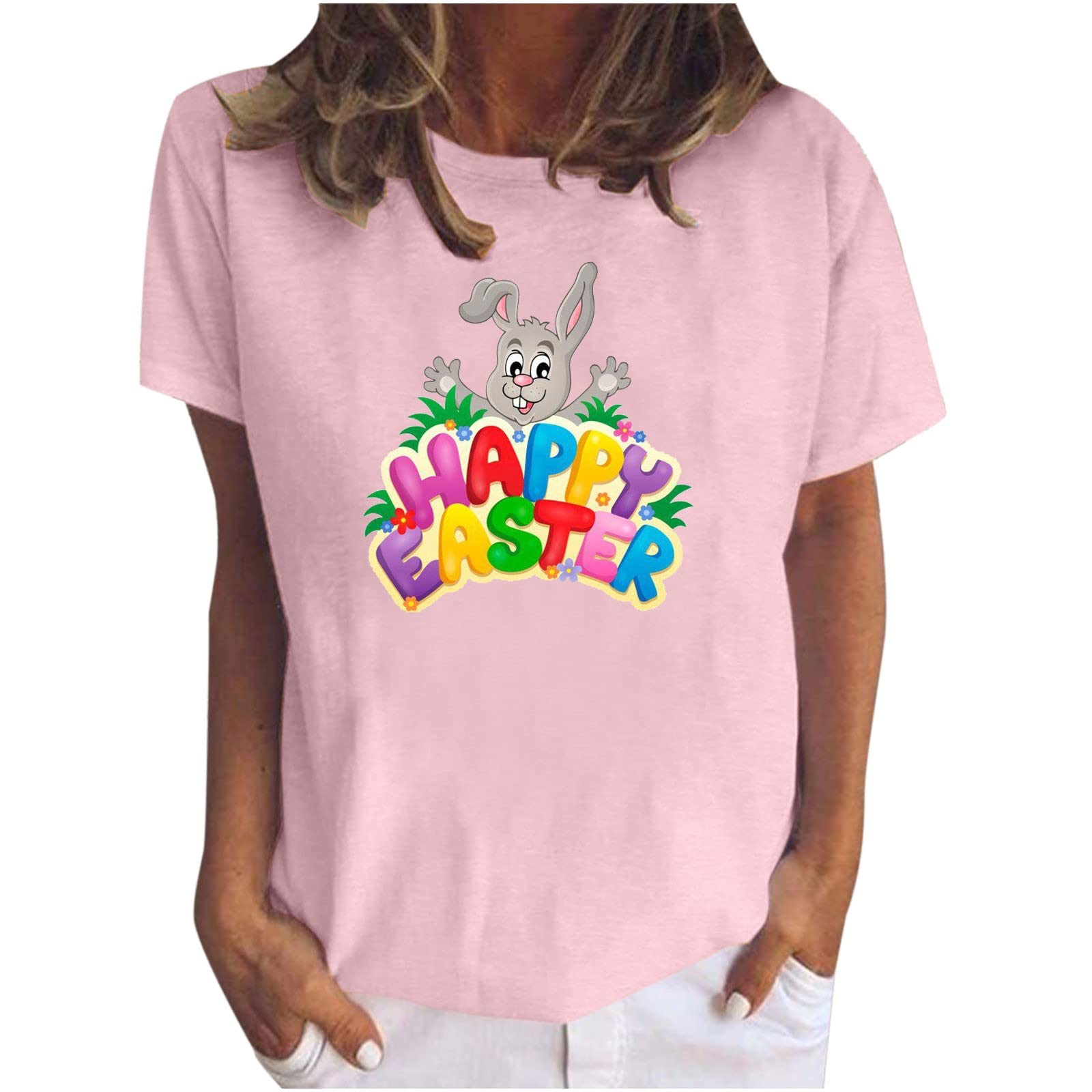 Easter Women's T-Shirt - Round Neck Short Sleeve Summer Top | Cute Stretchy Minimalist Blouse | Breathable Casual Sweatshirt for Spring Outfits, Easter Celebrations & Summer Vacations
