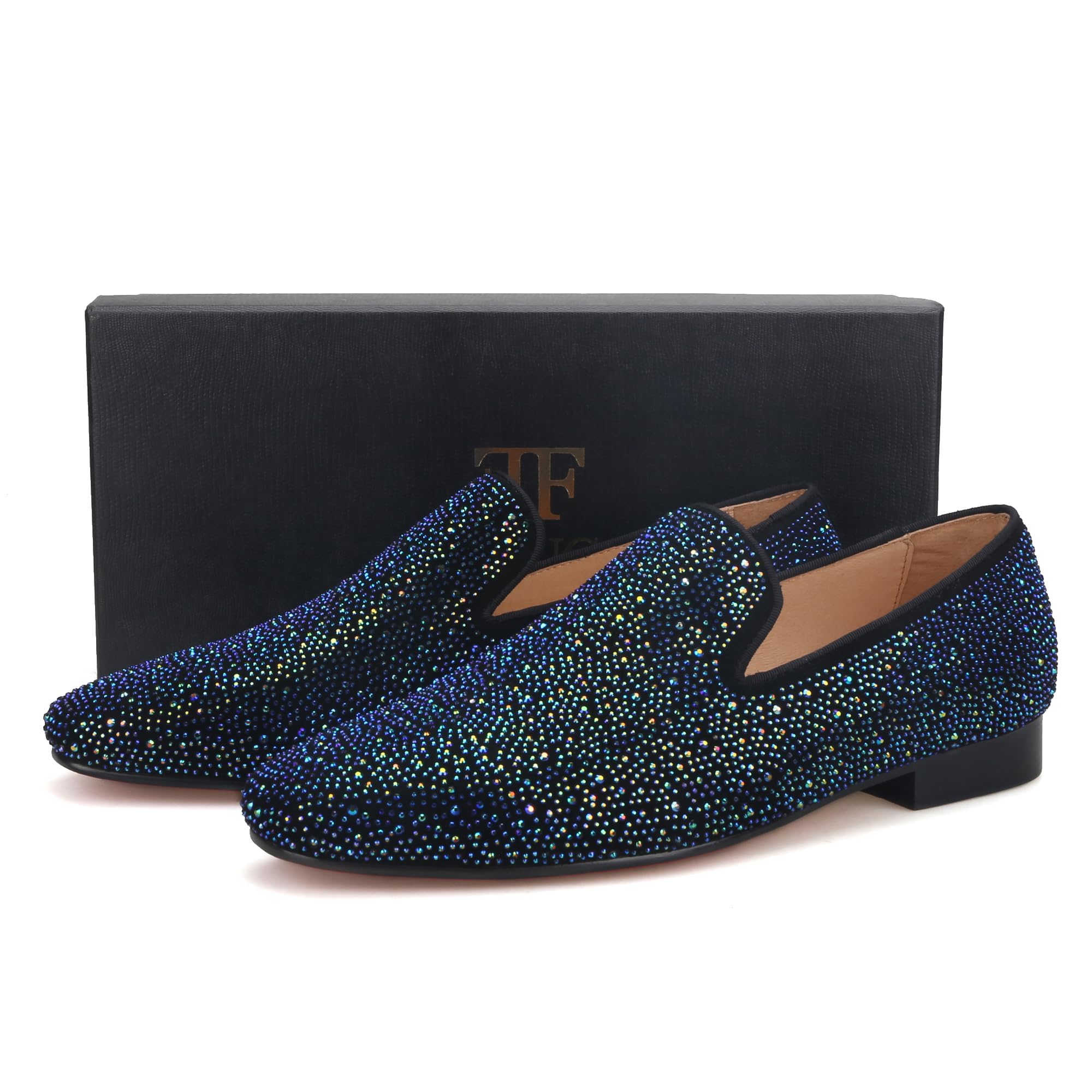 FERUCCI Men's Blue Crystal GZ Rhinestone Loafers - Comfortable Slip-On Shoes for Casual Wear, Parties & Home Use
