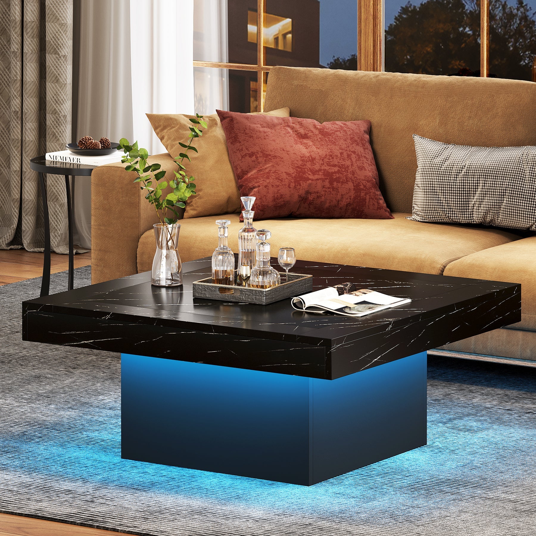 Modern Square Coffee Table with LED Lights - Rustic Farmhouse Wood Cocktail Table for Living Room, Lounge & Home Decor