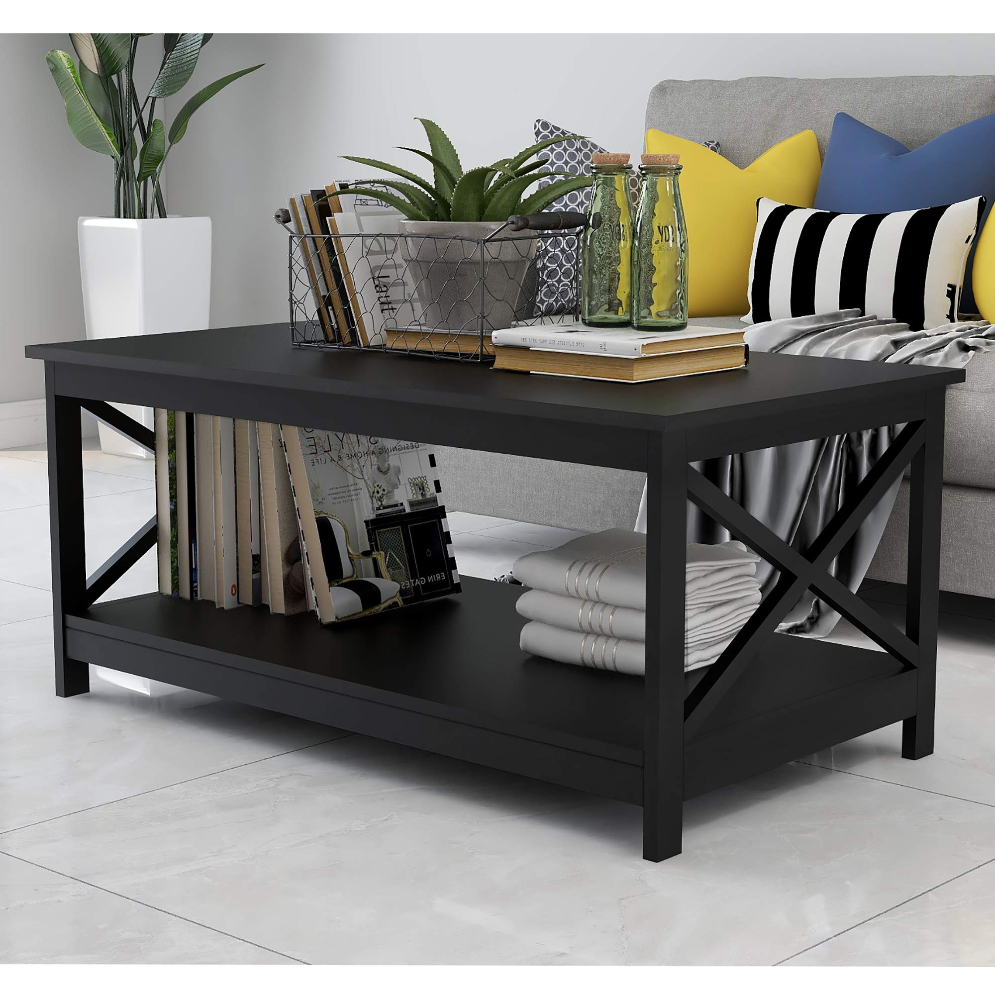 Mid-Century Modern Wooden Coffee Table with Storage Shelf - Black Cocktail Table & Living Room Center Table for Small Spaces, Apartments & Home Decor