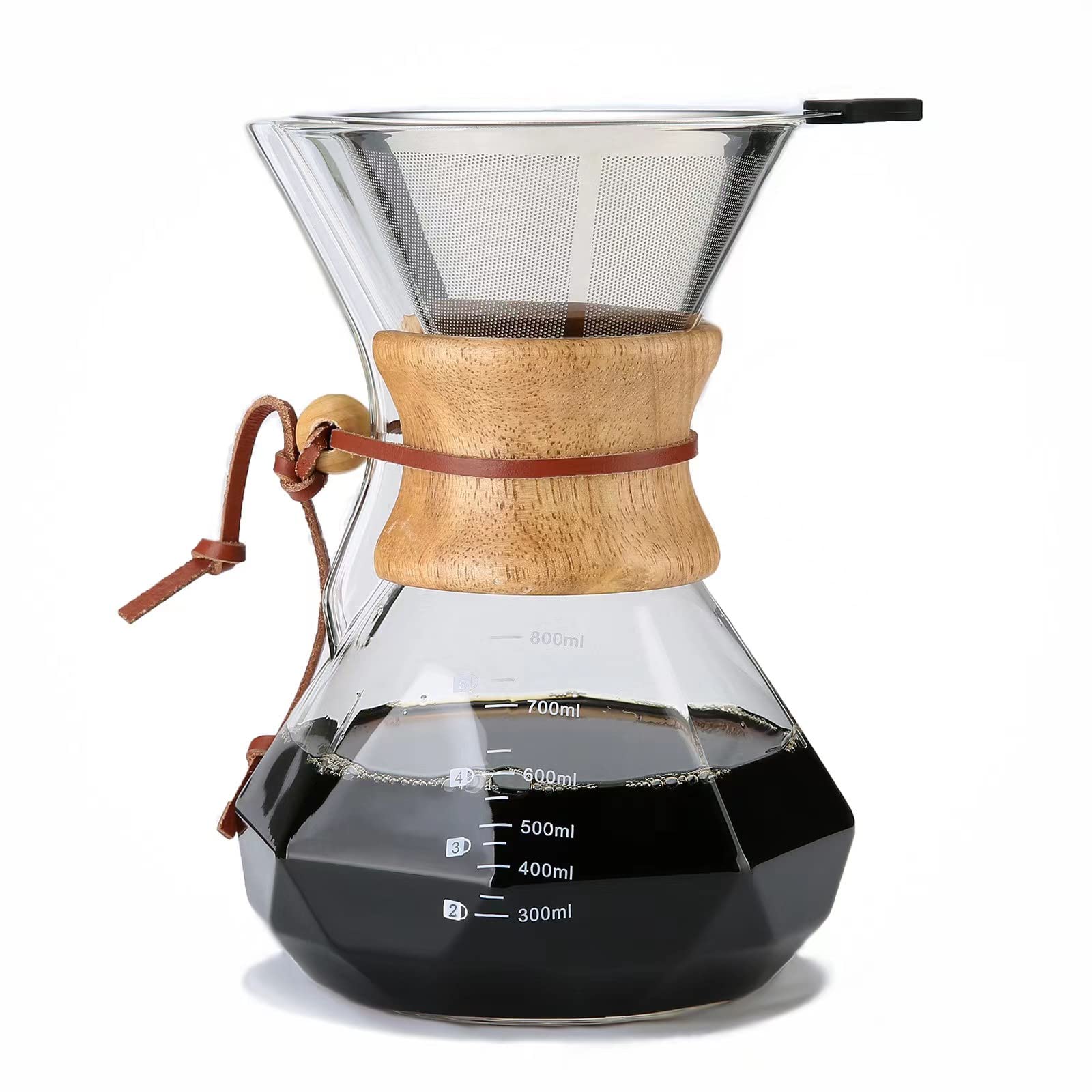 Premium Pour Over Coffee Maker with Permanent Stainless Steel Filter - 27oz Borosilicate Glass Carafe & Modern Wooden Collar - 6 Cup Capacity - Perfect for Home Brewing, Office Use & Camping Coffee