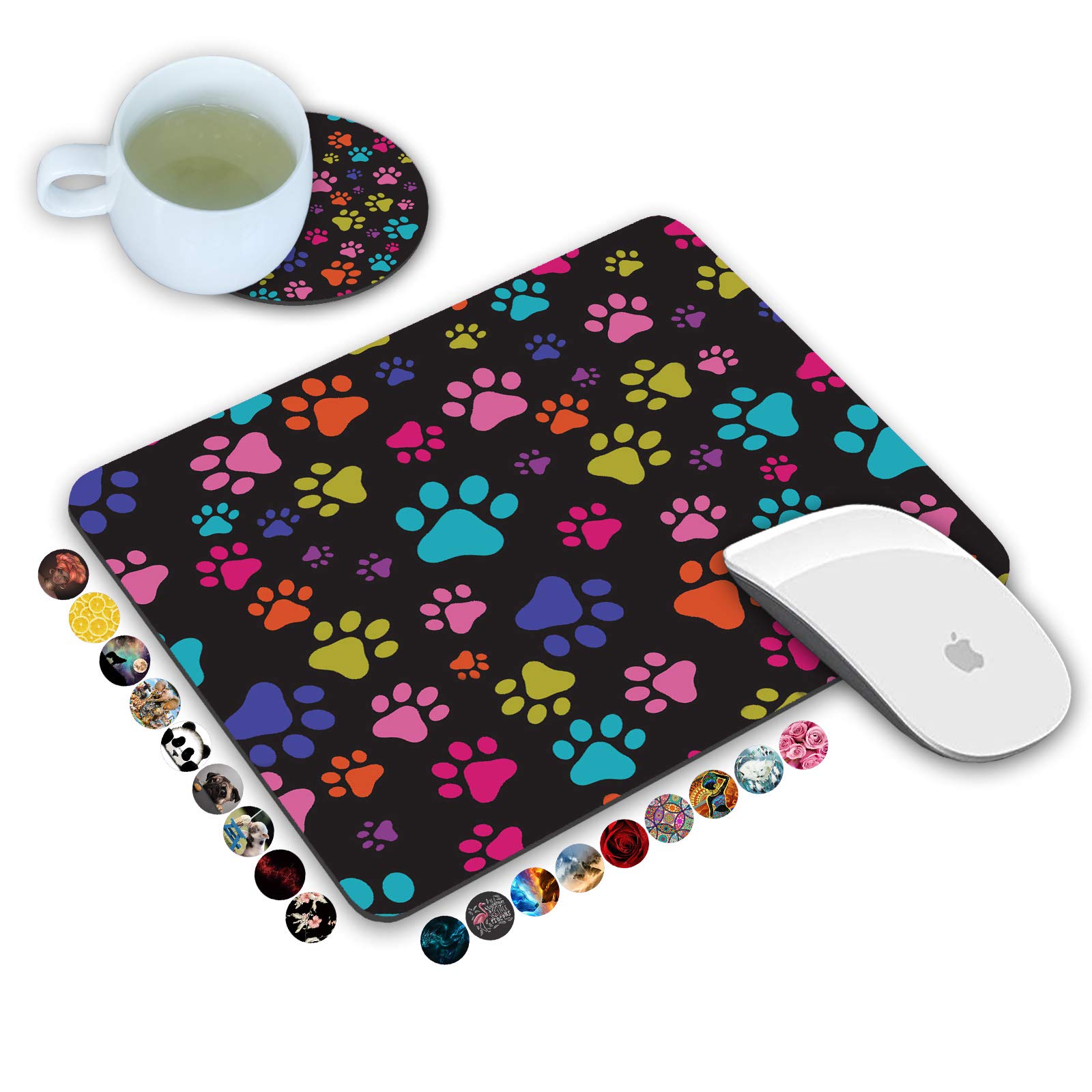 Non-Slip Dog Paws Mouse Pad & Coasters Set - Colorful Rubber Base Rectangle Mouse Pad for Laptop, Computer, Gaming & Office Accessories - Perfect for Work, Gaming & Home Office Use