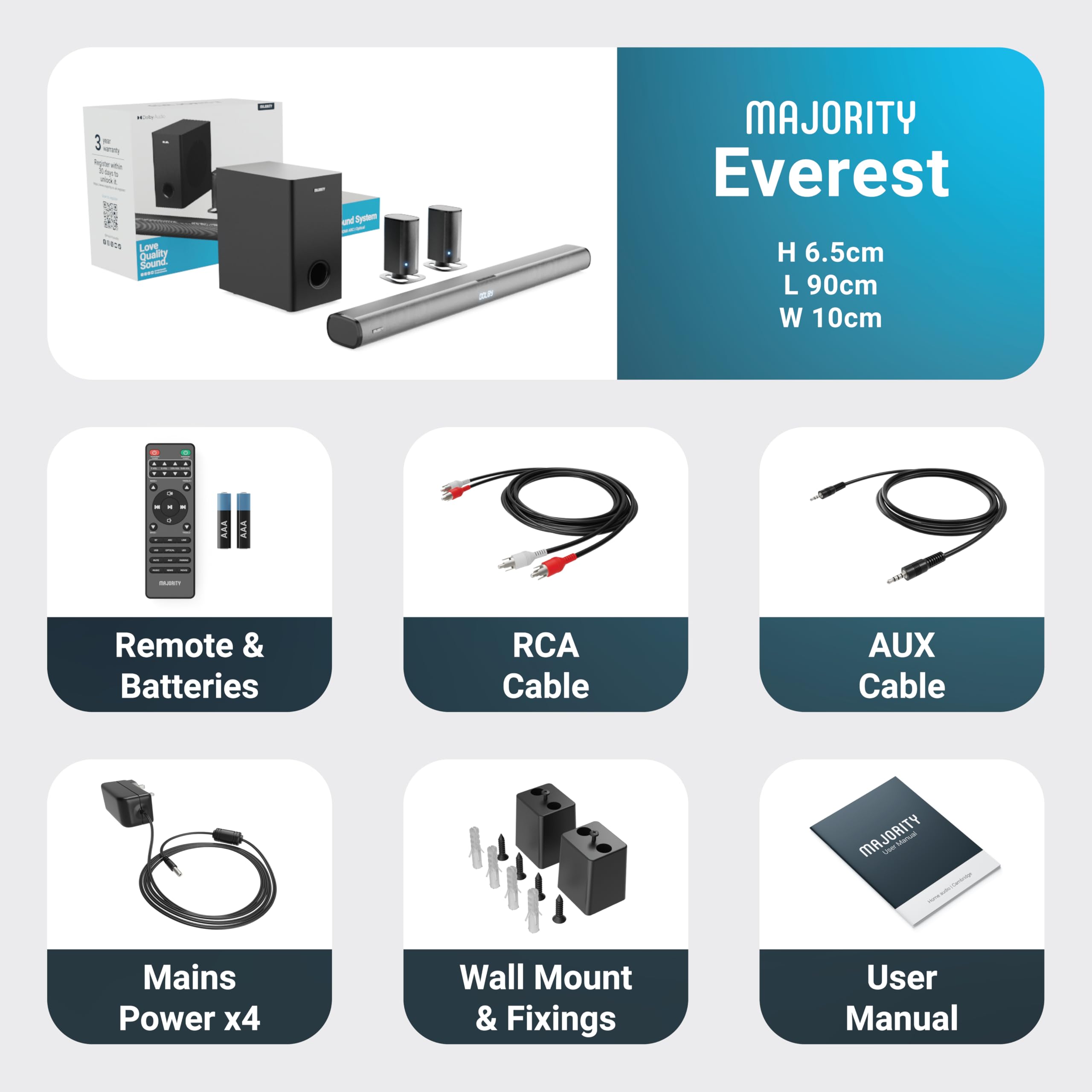 Majority Everest Arc 5.1 Wireless Home Theater System - Dolby Audio Soundbar with 300W Subwoofer & Detachable Satellite Speakers | Optical/AUX/HDMI Connectivity for Smart TVs - Perfect for Movie Nights & Gaming Setup