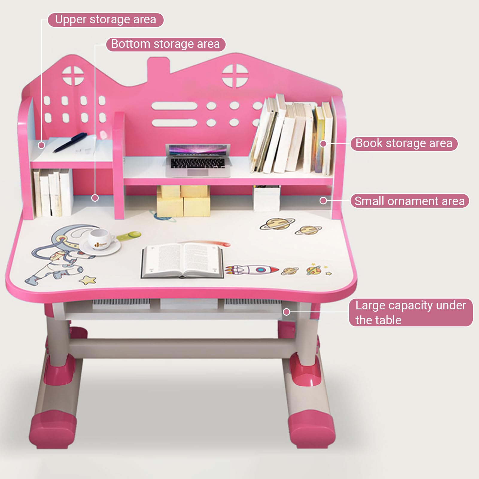Adjustable Kids Desk and Chair Set - Ergonomic Study Desk for Children with Bookstand & Storage Drawer - Widened Desktop for Boys & Girls - Perfect for Homeschooling & Online Learning (Pink)