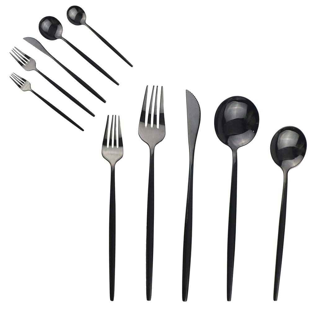 10-Piece Stainless Steel Silverware Set - 304 Mirror Polished Black Flatware Set with Forks, Spoons & Knives - Elegant Curved Design - Dishwasher Safe Tableware for 2 - Perfect for Dinner Parties, Restaurants & Home Use (Black)