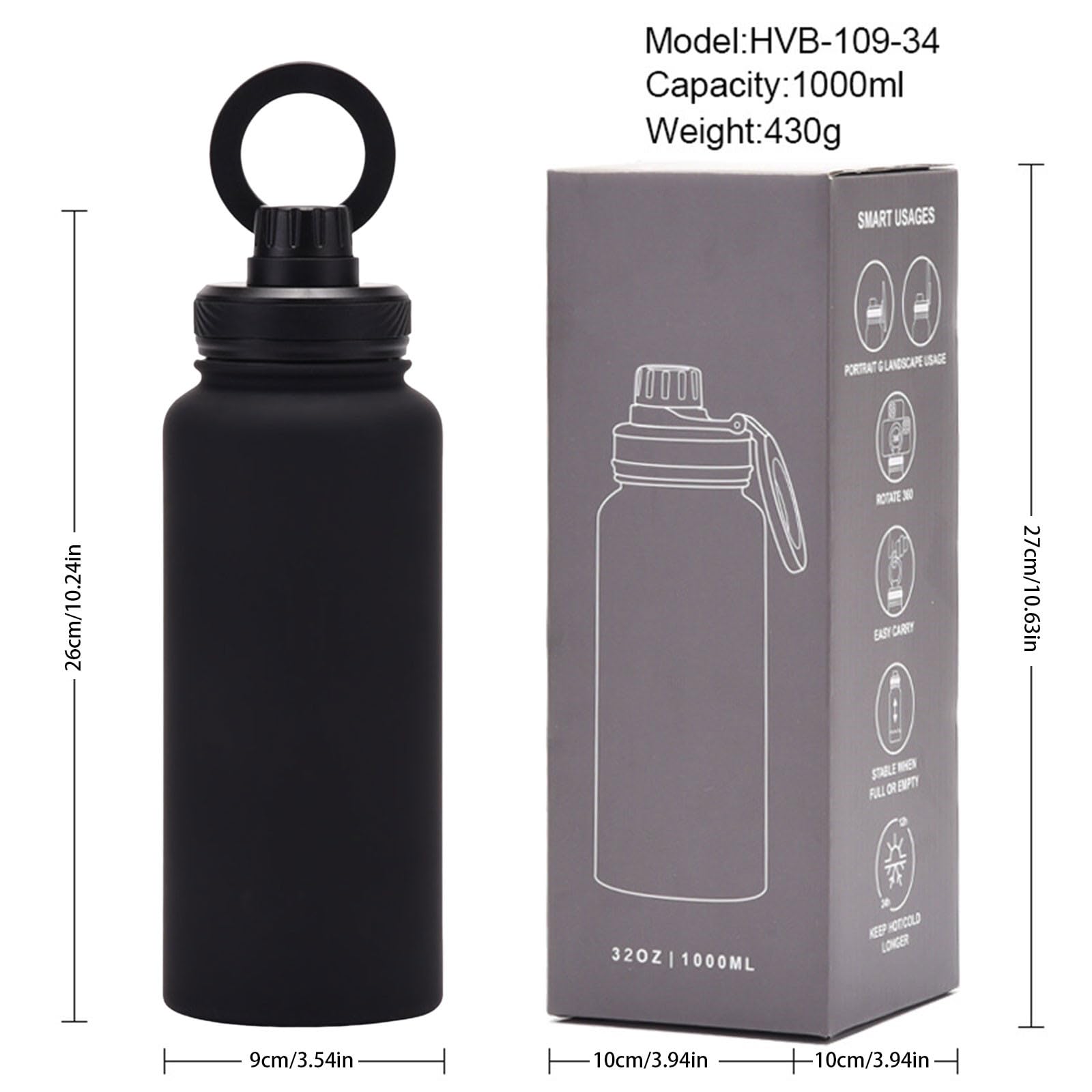 Premium Stainless Steel Insulated Water Bottle with Magnetic Phone Tripod Mount - 24oz Vacuum Flask with Adjustable Phone Holder & Leakproof Lid - Perfect for Gym, Hiking, Camping & Outdoor Activities (Black)