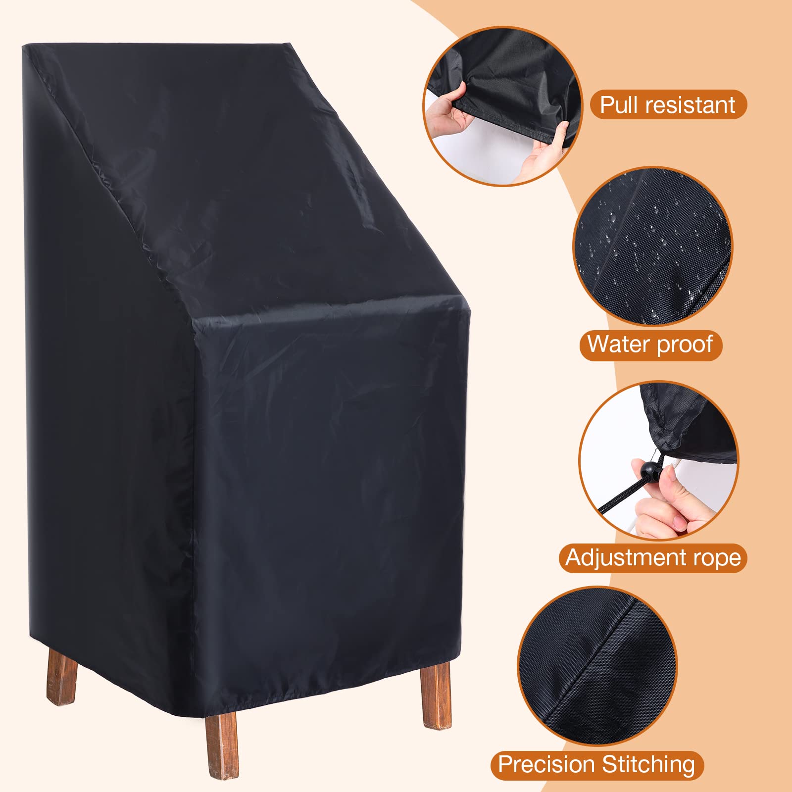 Woanger 8-Pack Black Waterproof Outdoor Chair Covers - 210D Oxford Fabric High Back Patio Furniture Protectors (25x25x47 Inch) with Storage Bag - Perfect for Stacking Chairs, Garden, Deck & Poolside Use