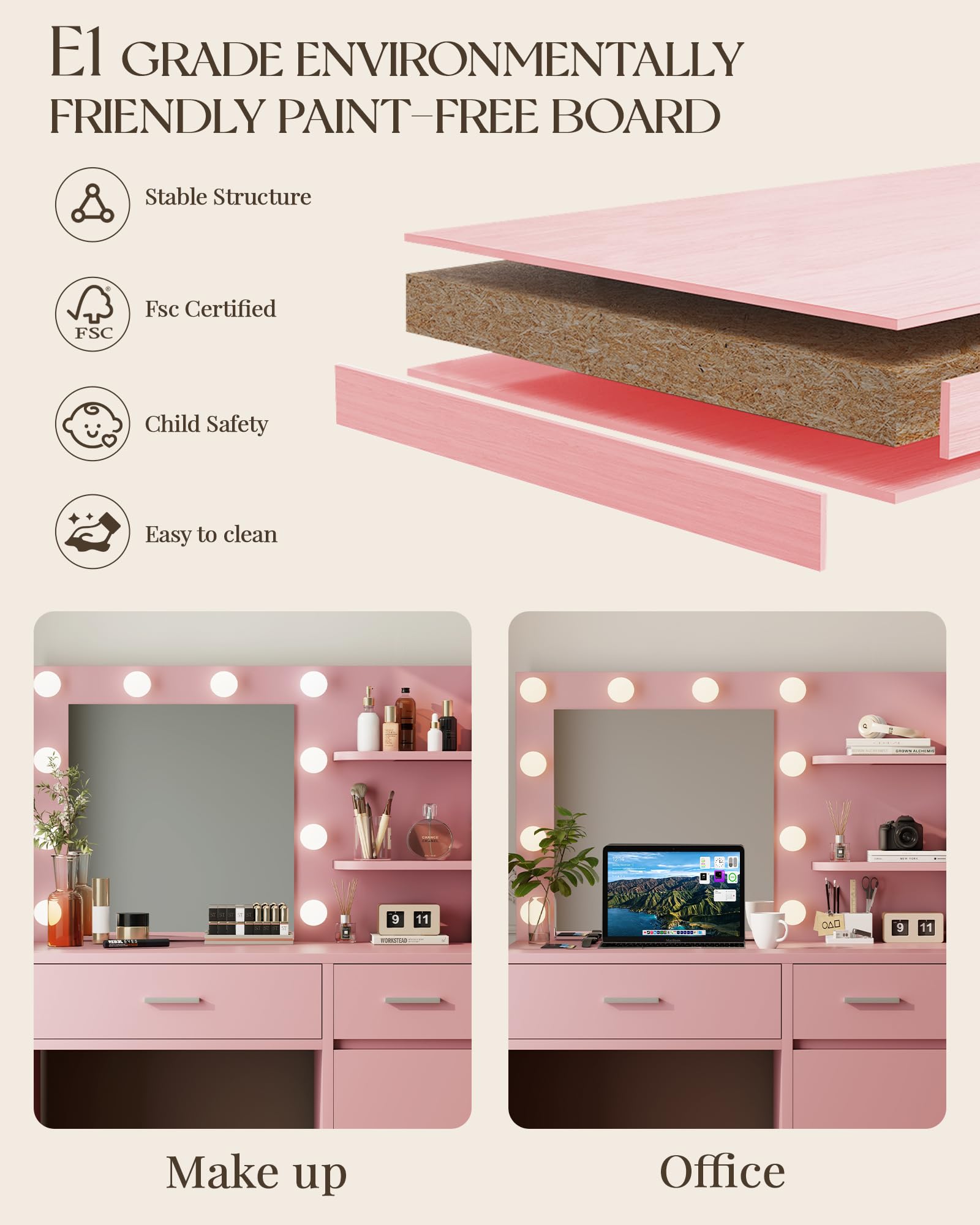 Pink Vanity Table with Lights and Mirror - 3 Adjustable Lighting Modes for Makeup & Skincare | Perfect for Bedroom, Dressing Room & Beauty Studio