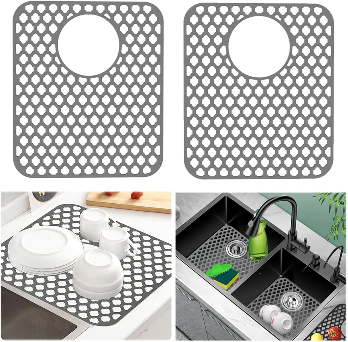 Wonninek Non-Slip Silicone Sink Mat (2-Pack) - Heat Resistant Kitchen Sink Protector with Drain Hole for Stainless Steel Farmhouse Sinks, 13.6x11.6 Inch Grey - Perfect for Dishwashing, Food Prep & Protecting Sink Bottom