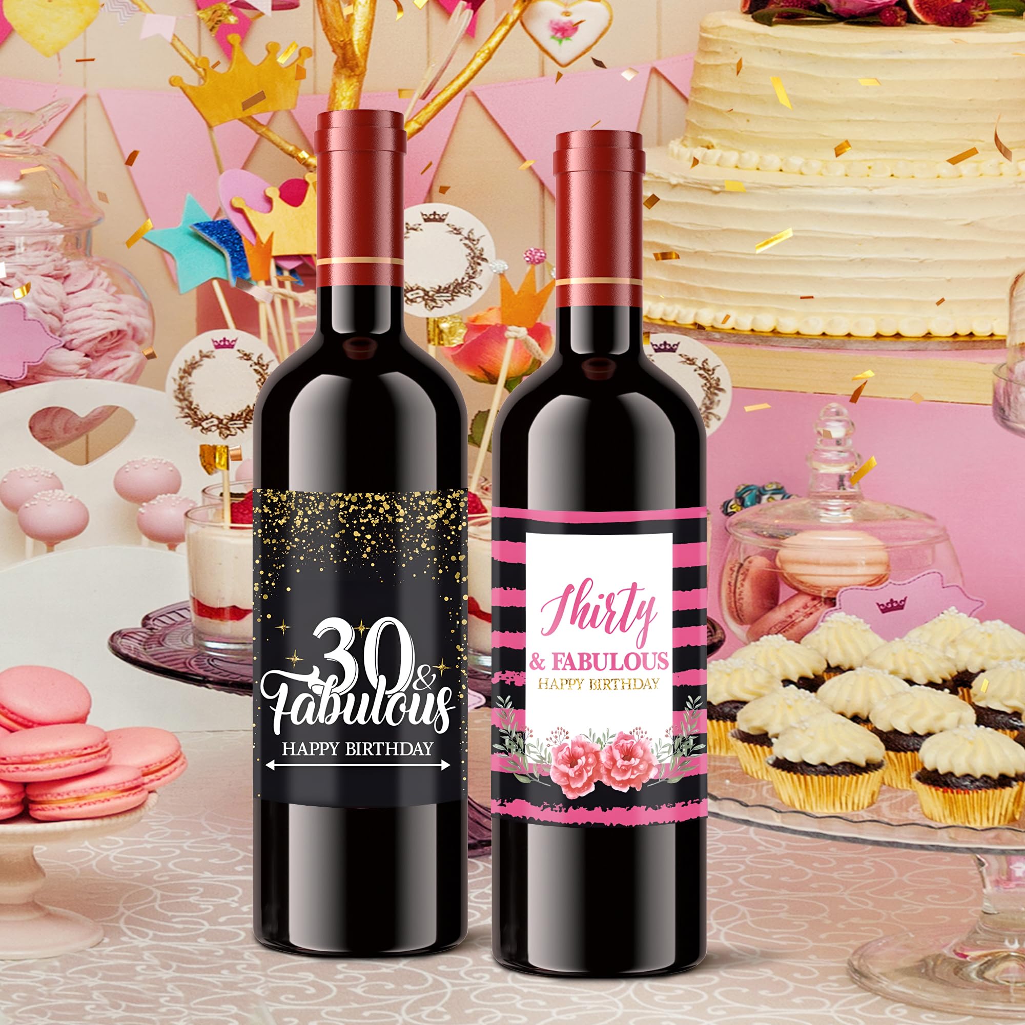 VIDELLY 12-Pack Custom 30th Birthday Wine Bottle Labels - Personalized Waterproof Stickers for Party Decor (Black, Gold, Pink) - Perfect 30th Birthday Gifts for Women - Great for Birthday Celebrations, Wine Parties & Special Occasions