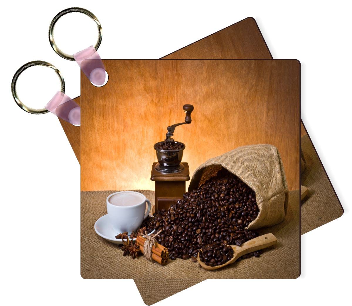 Premium Coffee Grinder & Coffee Beans Keychain - 2.25 Inch Square Metal Keyring - Perfect Gift for Coffee Lovers, Baristas & Office Workers (Home, Cafe, Office Use)