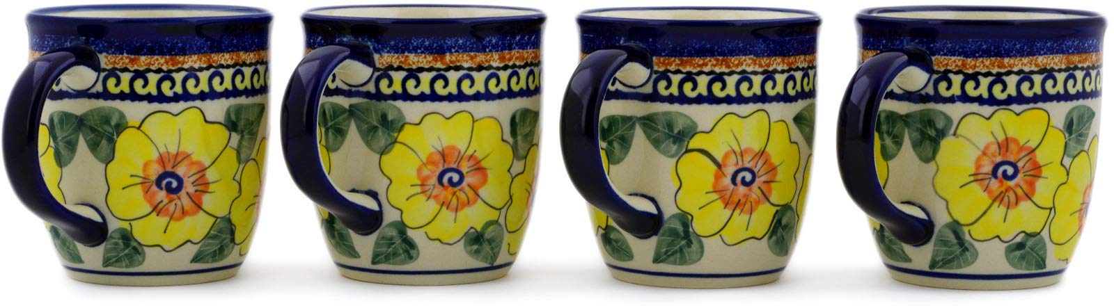 Authentic Polish Pottery 12oz Mugs Set of 4 - Handmade Lemon Poppies Design, UNIKAT Certified with COA - Perfect for Coffee, Tea & Home Decor Gifts