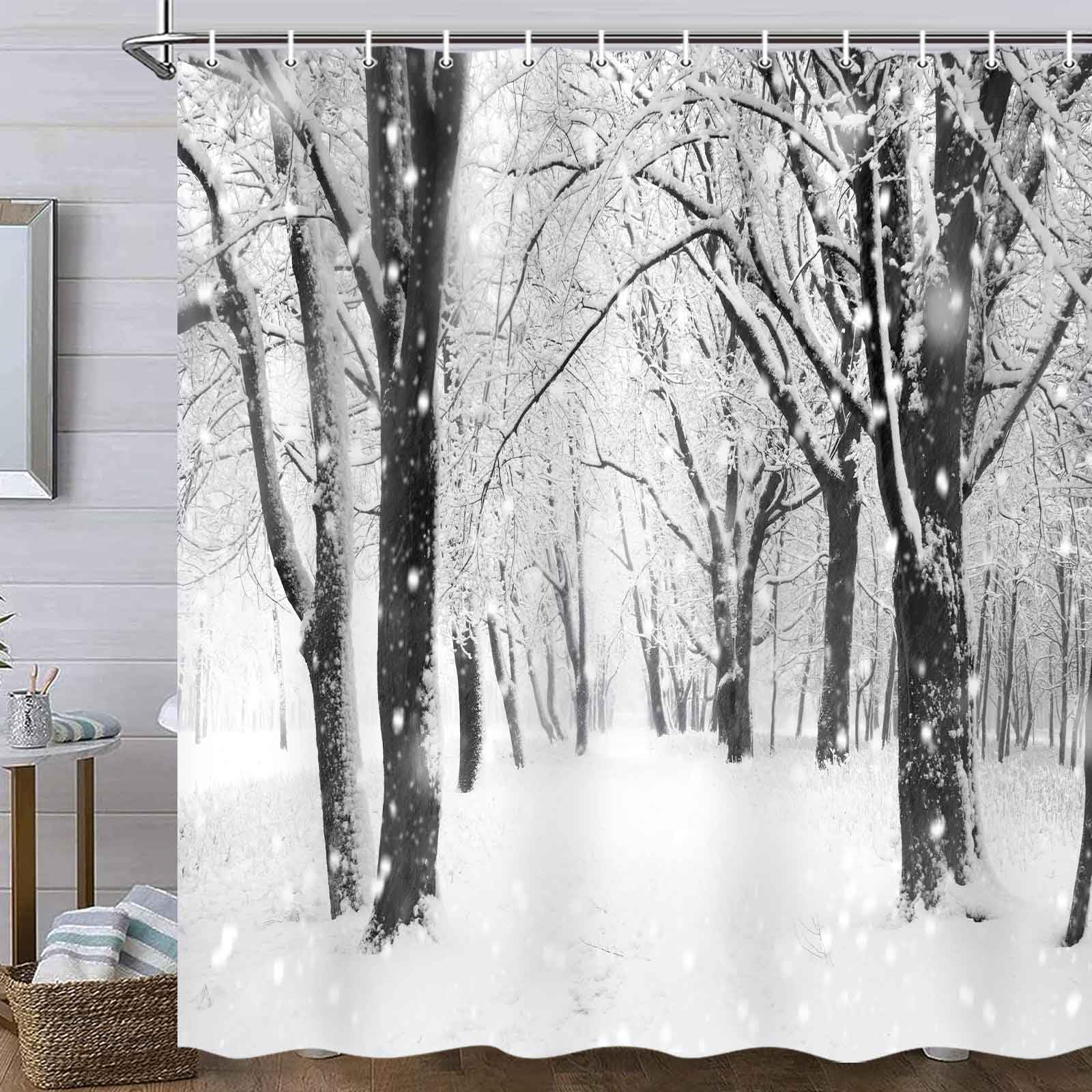 MERCHR Country Farmhouse Winter Shower Curtain - Snow Covered Tree Forest Bathroom Decor, Christmas Holiday Fabric Bathtub Curtain 71x71 Inches - Cozy Cabin & Holiday Home Decor for Winter Bathrooms