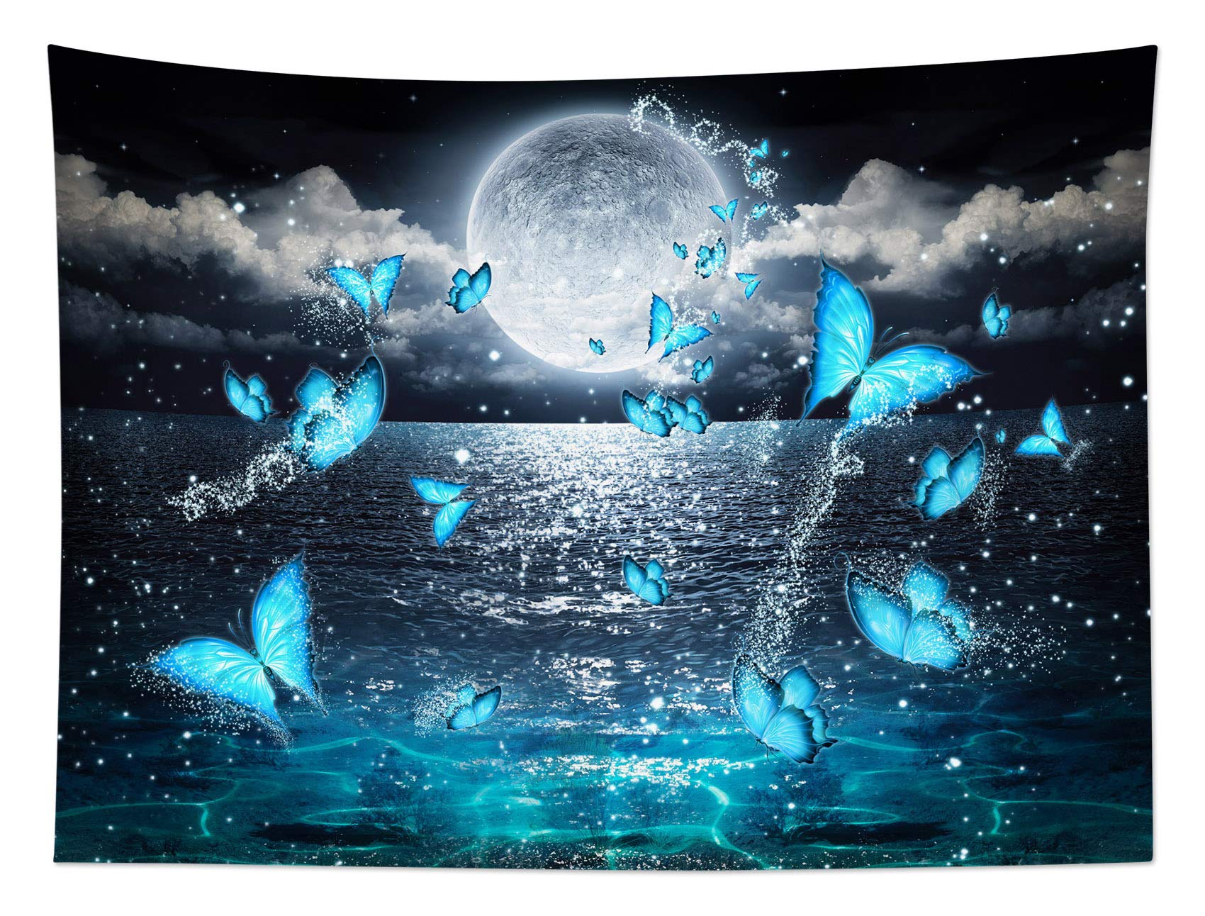 HVEST Ocean Tapestry Wall Hanging - Teal Magic Butterfly Flying Over Moonlit Ocean Night Sky, Nature Scenery Decor for Bedroom, Living Room, Party, 59x51 Inches, Perfect for Meditation Spaces and Coastal-Themed Interiors