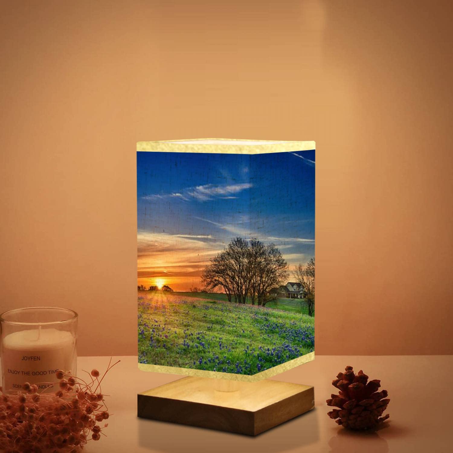 Dimmable Wood Base Bedside Table Lamp with Flaxen Fabric Shade - Texas Bluebonnet Field Sunrise Design for Nightstand, Bedroom & Living Room | Perfect for Reading, Relaxing & Creating Cozy Ambiance