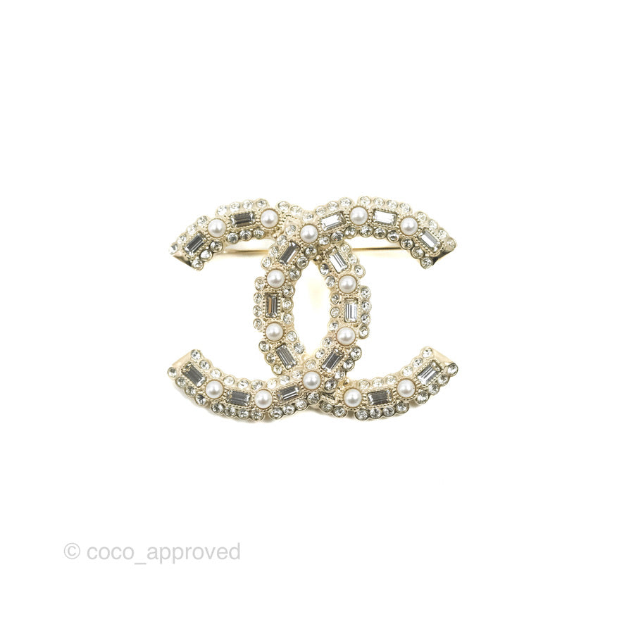 Chanel CC Crystal Pearl Brooch 22K Gold - Elegant Women's Fashion Accessory for Dresses, Jackets & Handbags