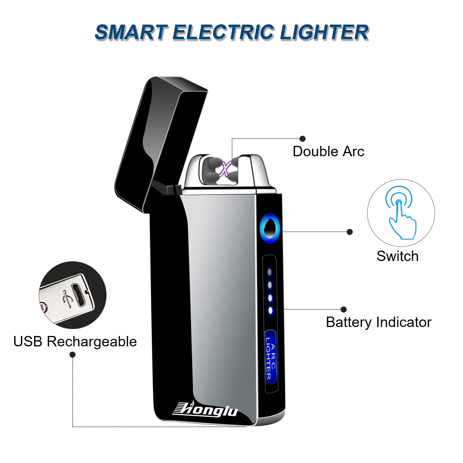 USB Rechargeable Windproof Electric Lighter - Dual Arc Plasma Lighter for Candles, BBQ, Camping & Fireworks | LED Power Display | Perfect for Outdoor Adventures & Emergency Use (Black)