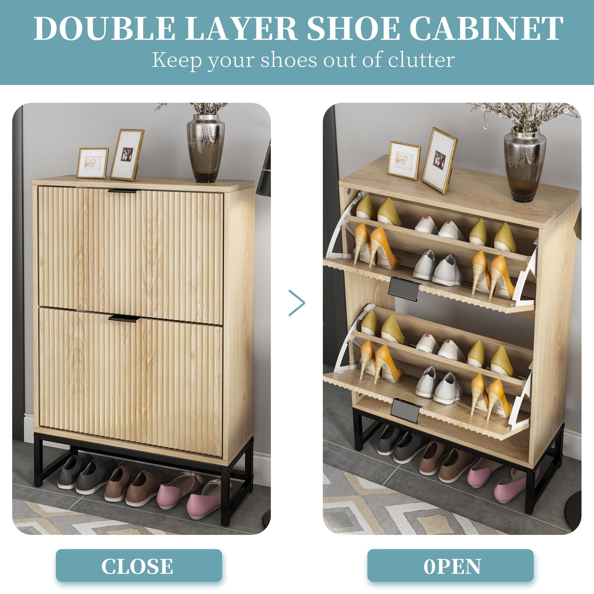 Modern Slim Wooden Shoe Cabinet with 2 Flip Drawers - Freestanding Narrow Shoe Storage Organizer for Entryway & Living Room | Fluted Design Home Decor for Small Spaces & Apartment Hallways
