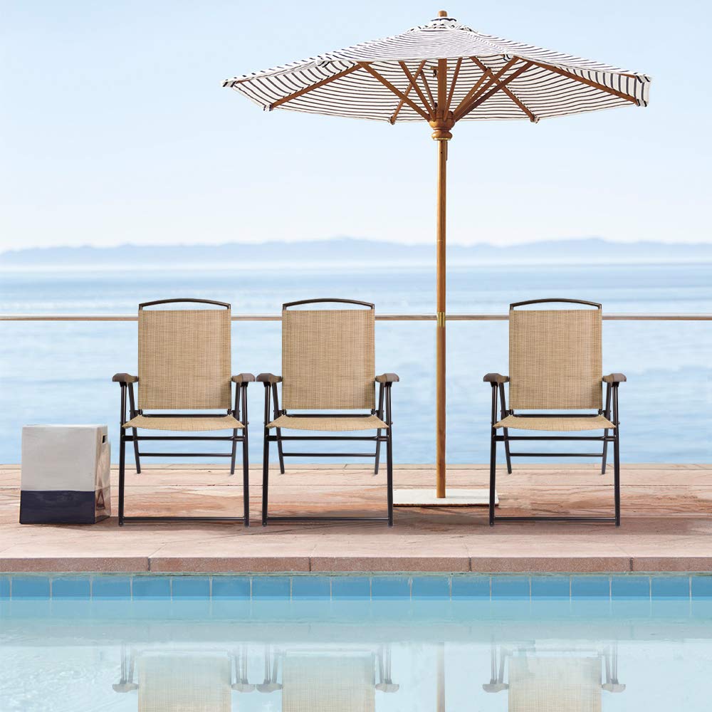 Devoko 2-Pack Folding Sling Chairs for Patio, Deck, Camping, Garden, Pool & Beach - Space Saving Outdoor Lounge Chairs (Beige) | Perfect for Backyard Relaxation, Picnics & Summer Gatherings