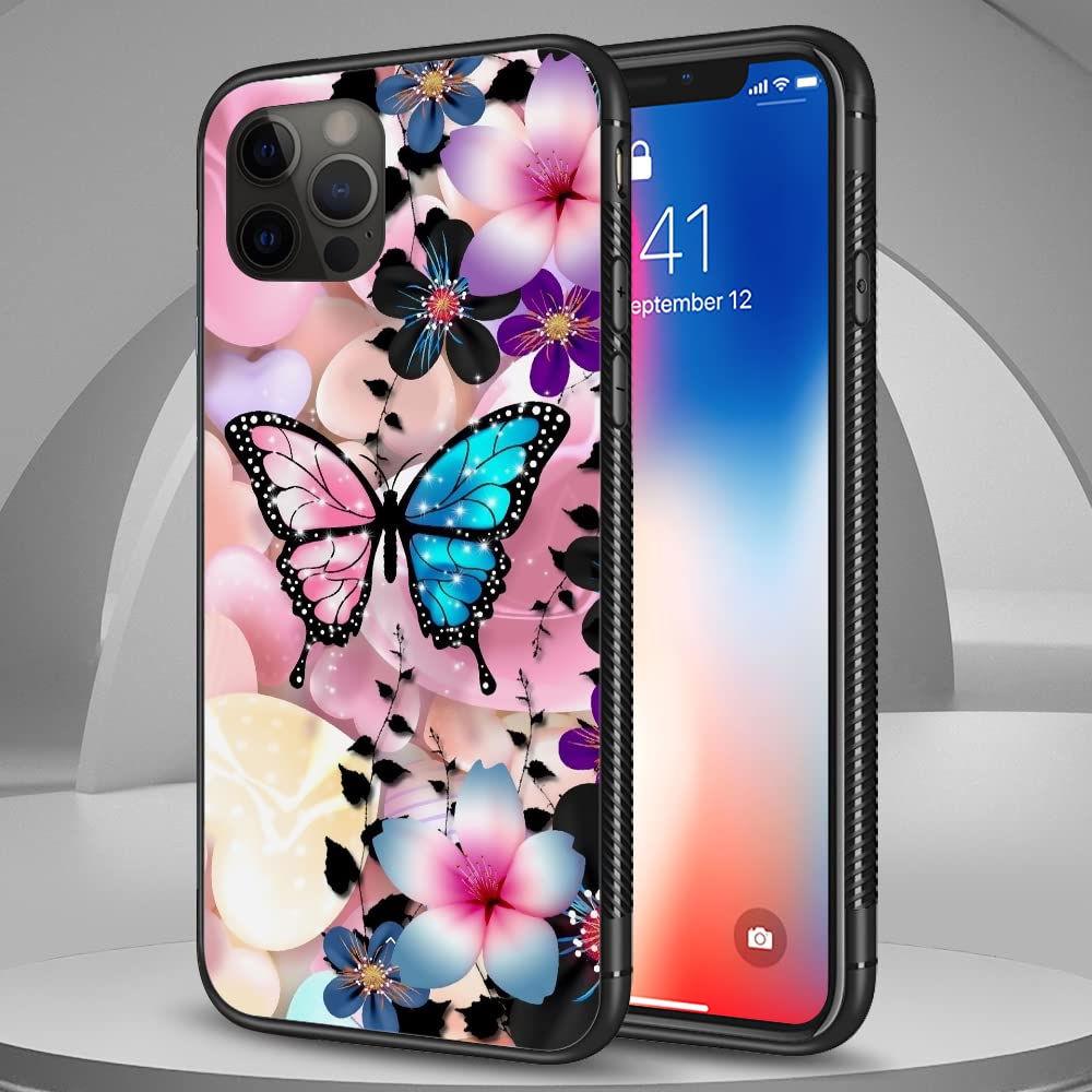 iPhone 12 Pro Max Case 6.7 Inch - Pink Blue Butterfly Pattern Design, Hard PC Back with Soft TPU Bumper, Non-Slip Protective Phone Cover for Women | Perfect for Everyday Use, Work & Travel