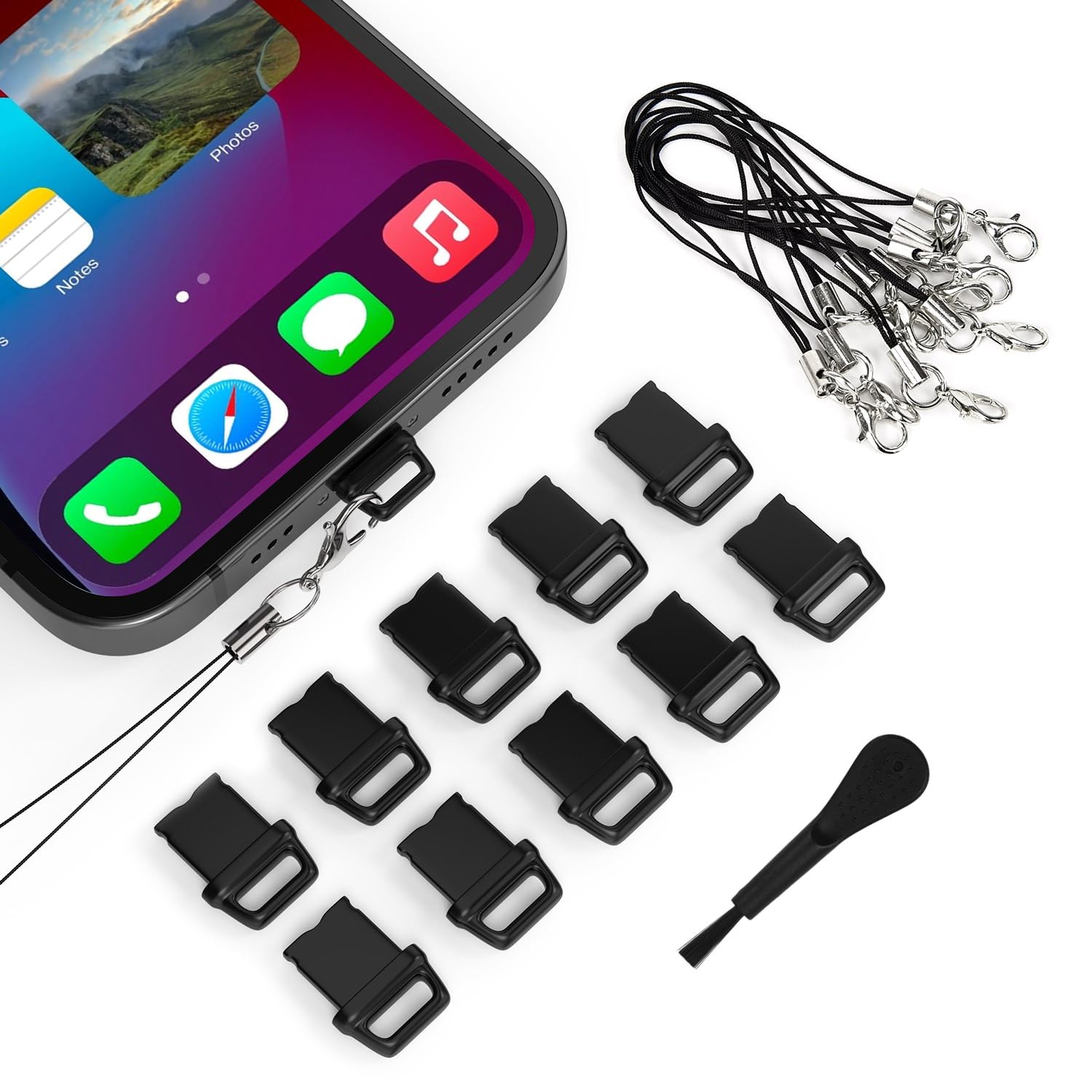 10-Pack iPhone 14 Anti-Dust Plugs - Universal Dust Covers for iPhone 14 Pro Max/13 Pro Max/12 Pro Max/11 Pro/X/XS/XR/8/7 & iPad/AirPods - Includes Easy-Grip Tabs, Lanyard & Cleaning Brush - Perfect for Travel, Gym & Daily Protection