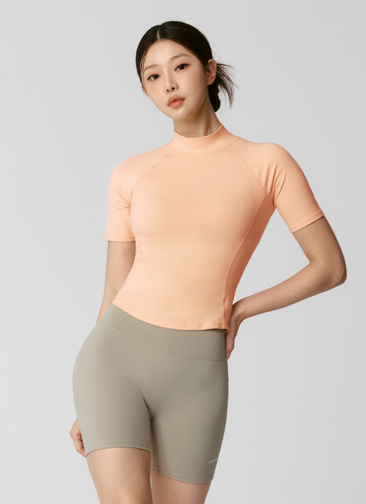 Peach-Colored Mock Neck Short Sleeve T-Shirt for Women - Casual Summer Top for Outfits, Dating & Office Wear
