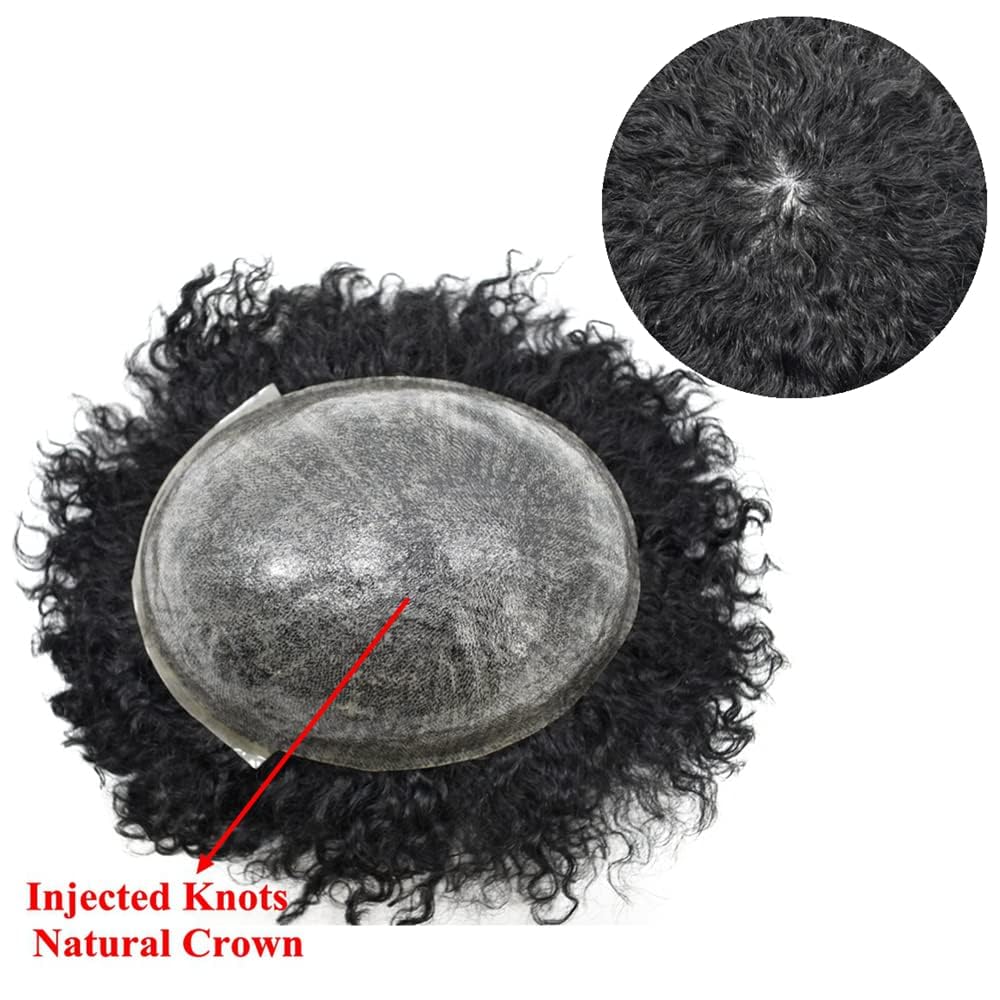 Afro Toupee for Black Men - Kinky Curly Brazilian Human Hair Piece - African American Afro Wavy Men's Toupee - Full Poly Thin Skin Replacement System (8x10 Inches, #1B Off Black, 12mm) - Perfect for Daily Wear, Cosplay, and Special Occasions
