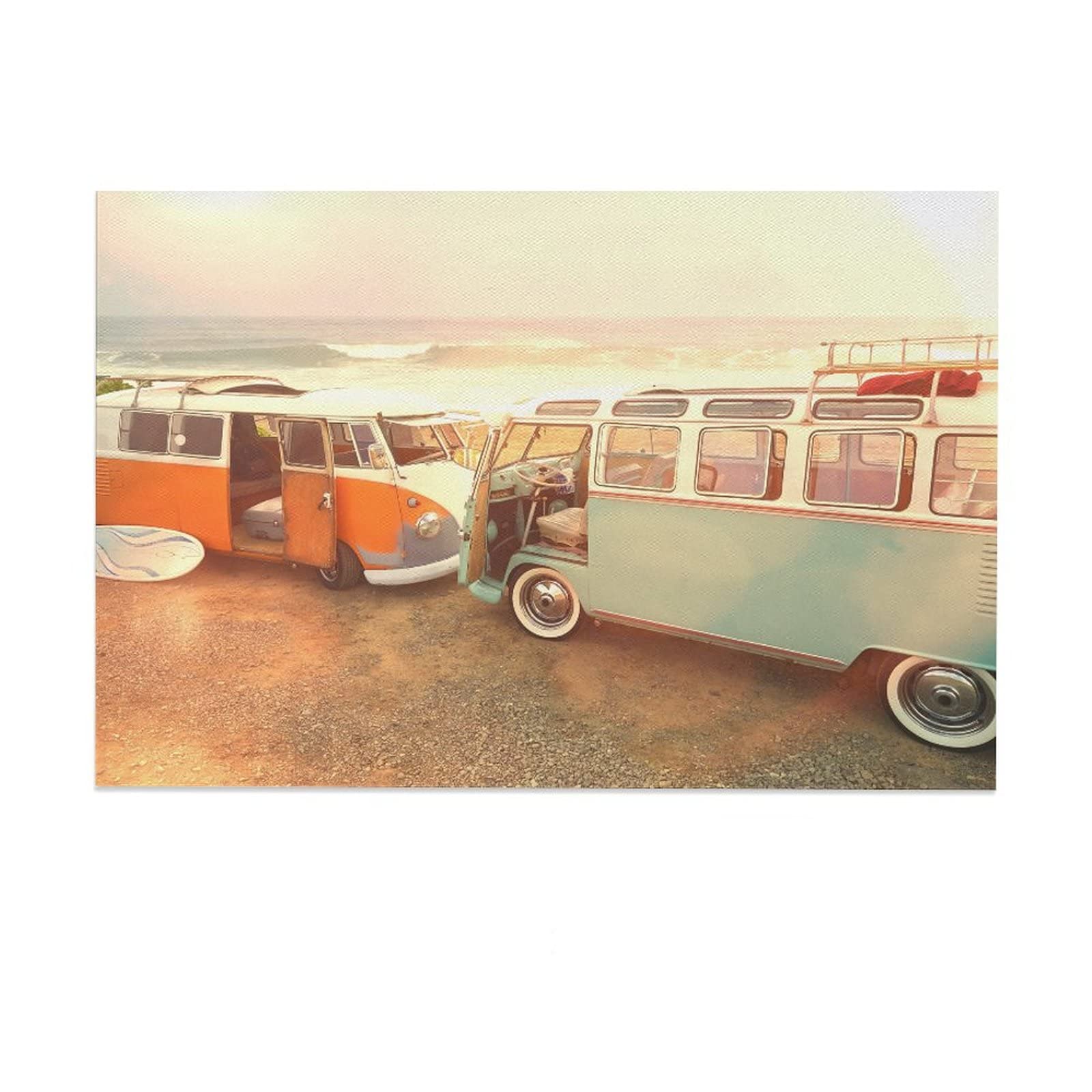 Vintage Van Parked on Beach Canvas Wall Art Print - 24x36 Inch (60x90cm) Coastal Decor for Living Room, Bedroom & Office - Perfect Gift for Beach Lovers & Travel Enthusiasts | Home Decor, Wall Painting, Landscape Poster