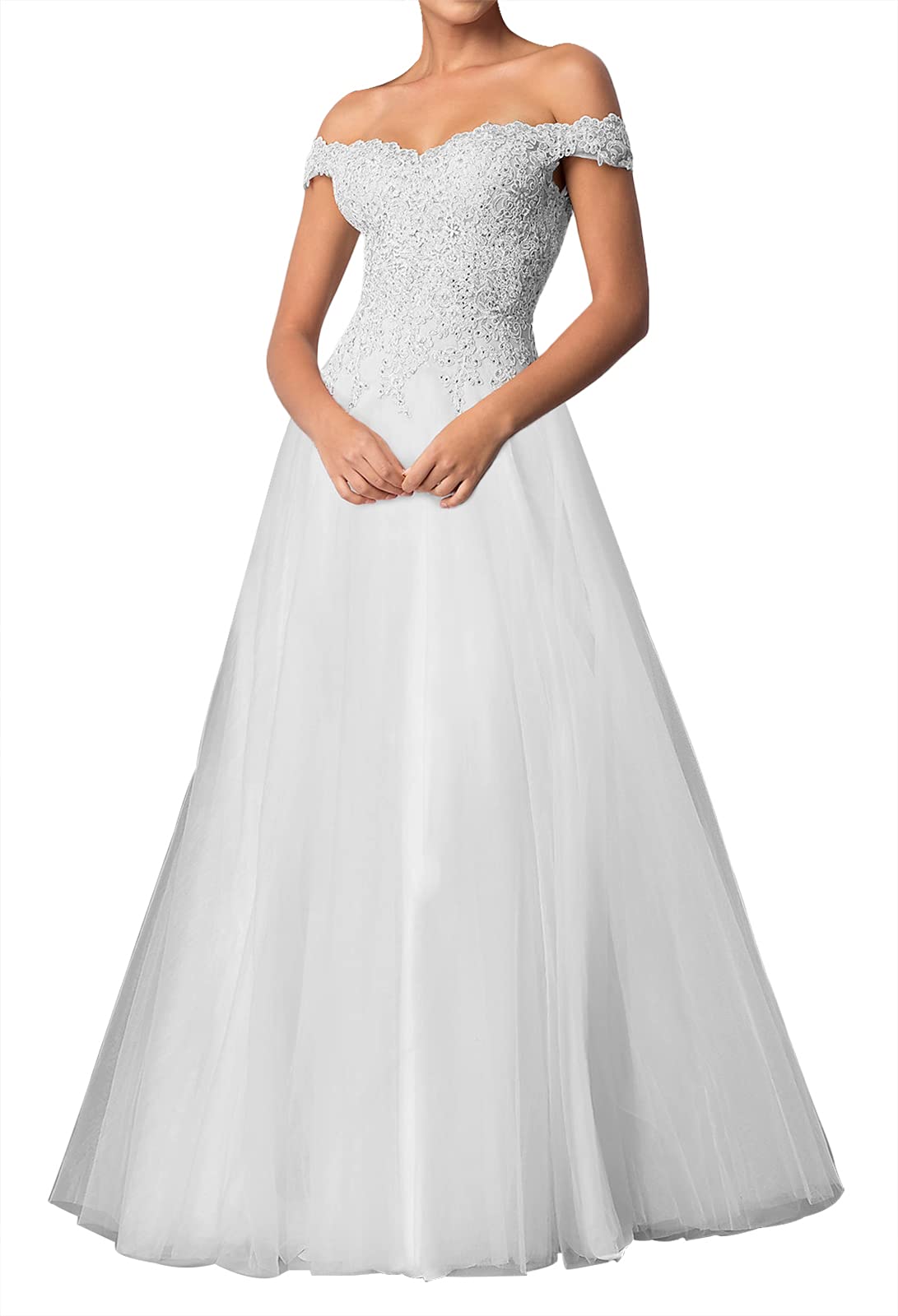 Elegant Lace A-Line Wedding Dress for Bride - Tulle Bridal Gown with Long Train | Perfect for Church Ceremony, Beach Wedding & Romantic Photoshoot