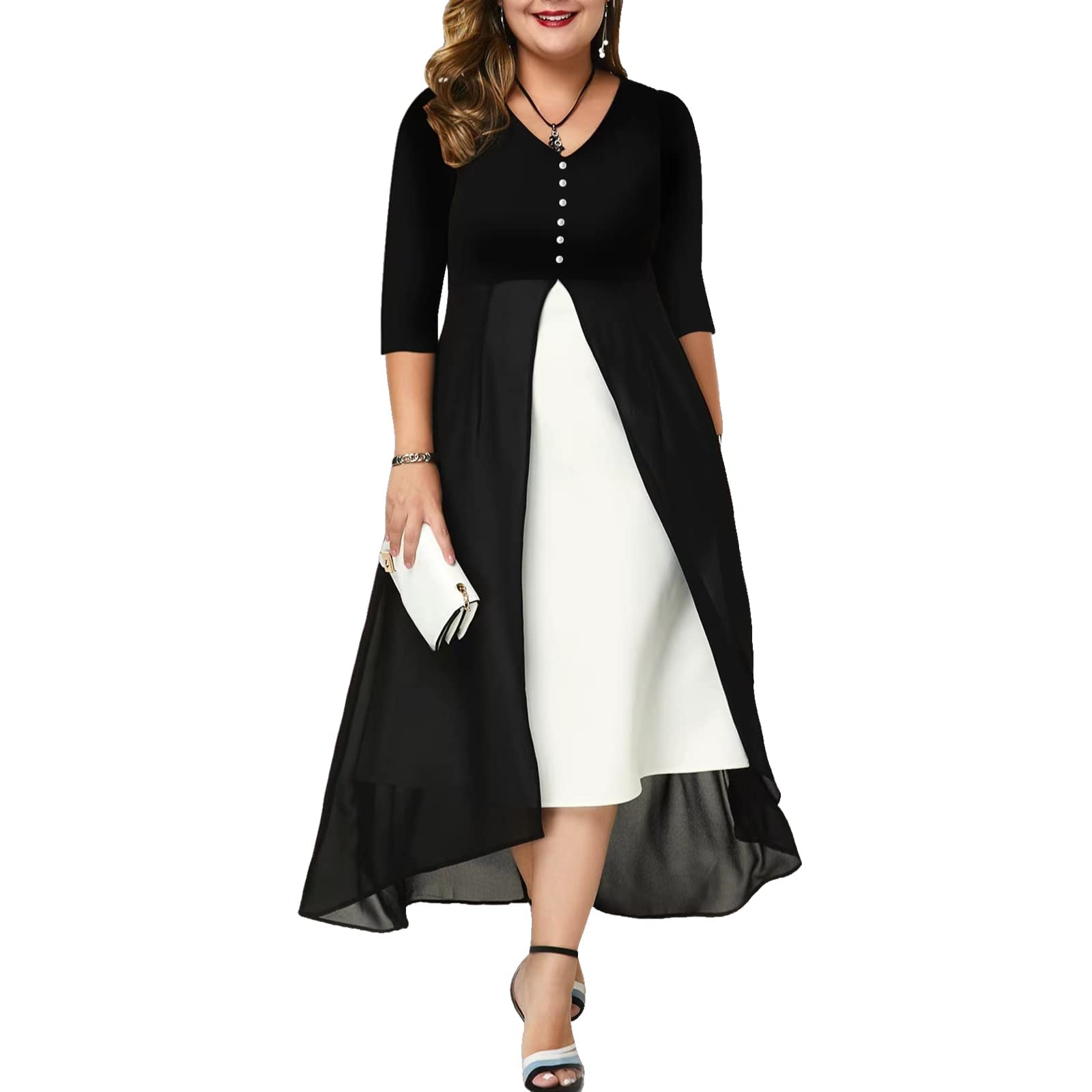 Jumpfolia Women's Plus Size 3/4 Sleeve V-Neck Chiffon Cocktail Dress with Contrast Panel - Semi Formal Midi Dress for Wedding Guest, Office Party & Special Occasions