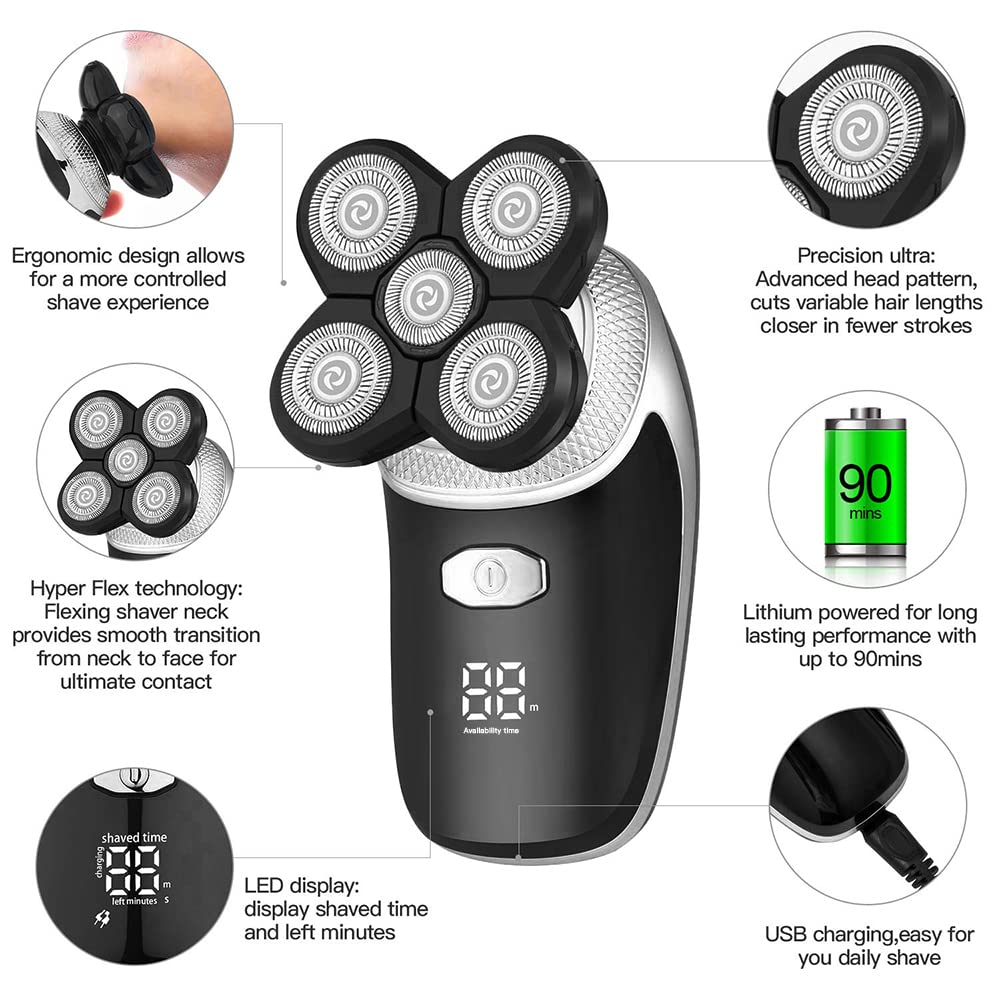 Electric Head Shaver for Bald Men - 5-in-1 USB Trimmer for Beard, Nose & Facial Care | Home & Travel Use