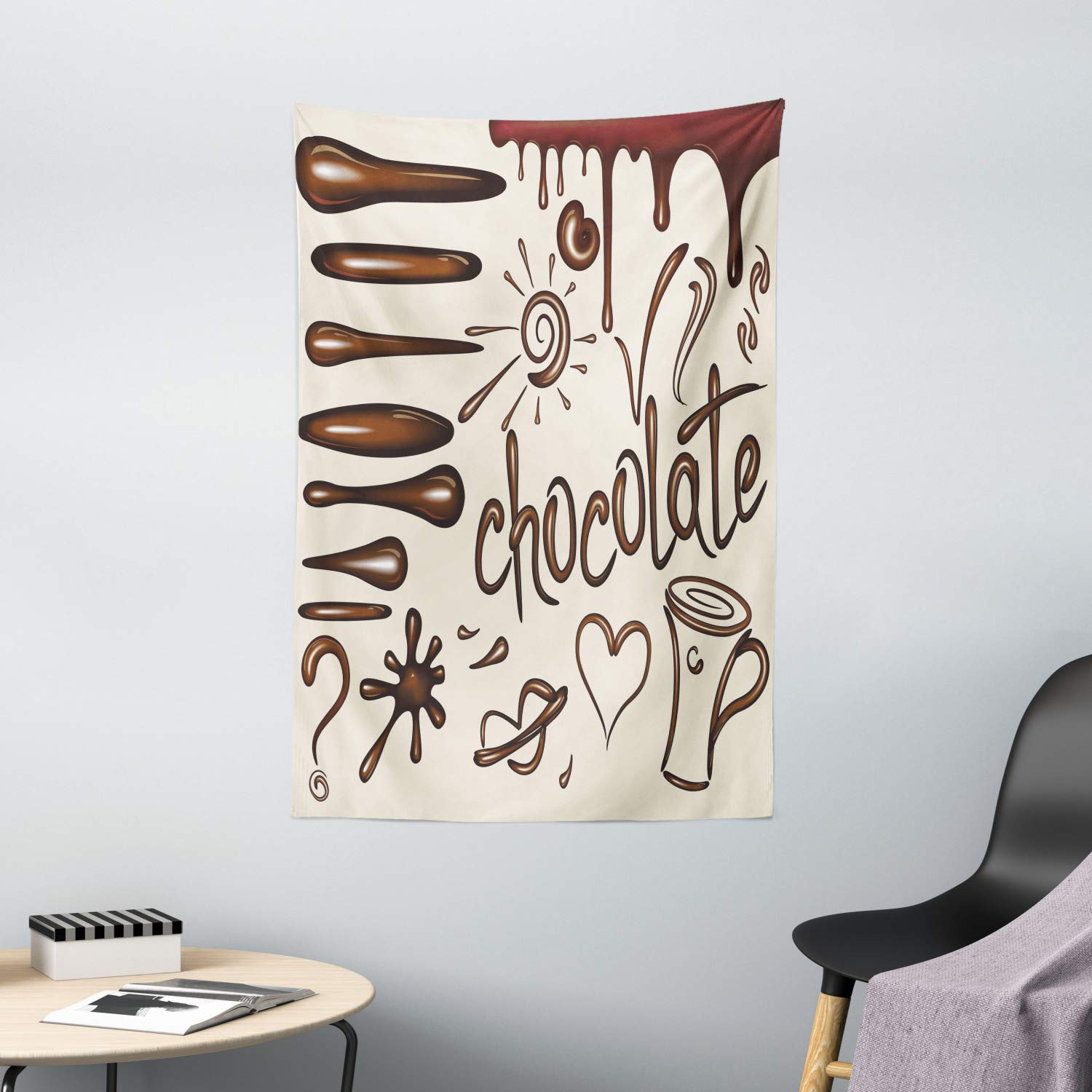 Ambesonne Chocolate Tapestry Wall Art - 40x60 Inch Brown Ivory Burgundy Decor with Coffee Cup, Heart & Sun Design for Bedroom, Living Room, Dorm | Perfect for Boho Chic Home Decor & Gift Ideas