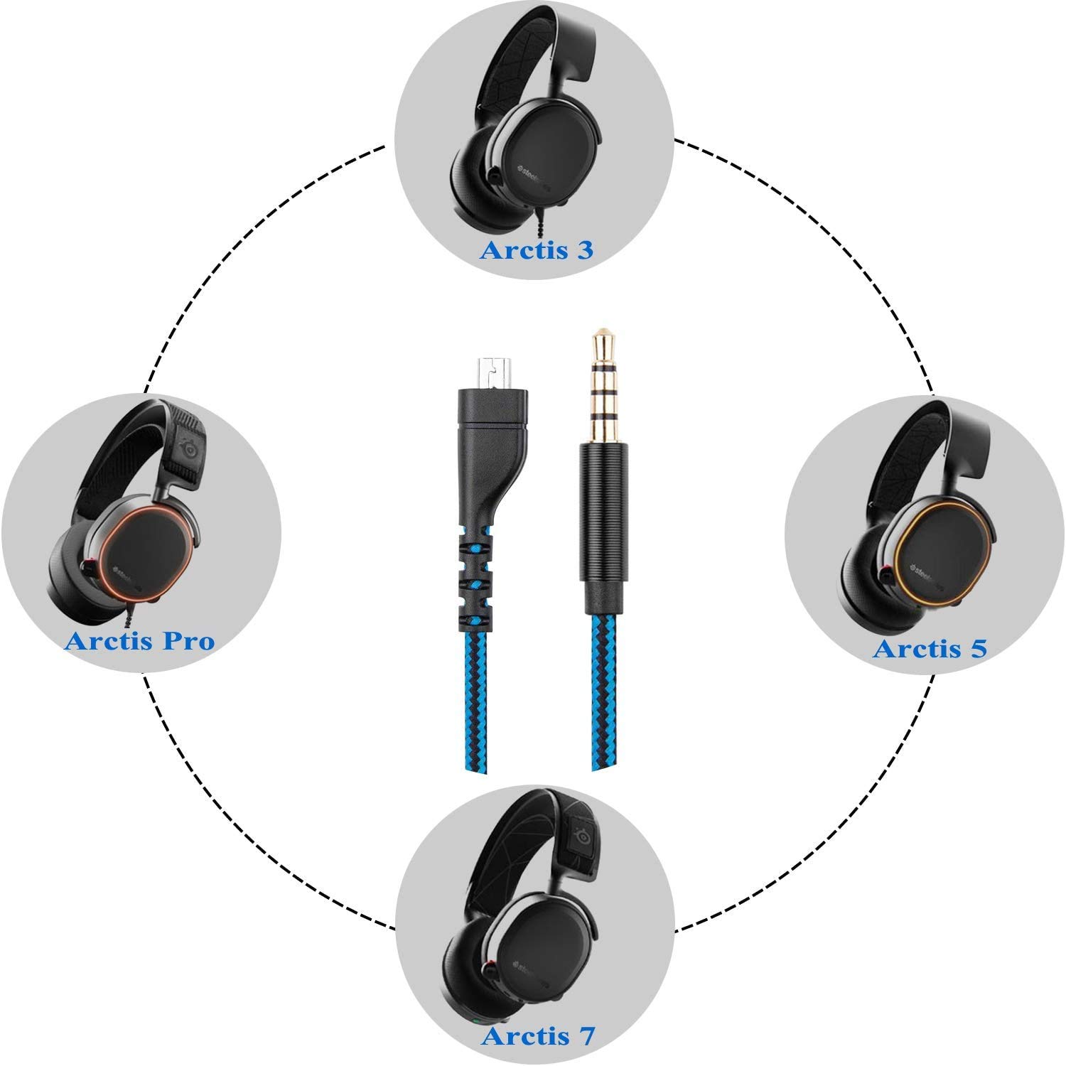 SteelSeries Arctis Replacement Audio Cable - Compatible with Arctis 3/5/7/Pro/Pro Wireless Gaming Headsets - 6.5ft (2m) Blue Aux Cable for PC, PS4, PS5, Xbox - Perfect for Gaming, Streaming & Music Listening
