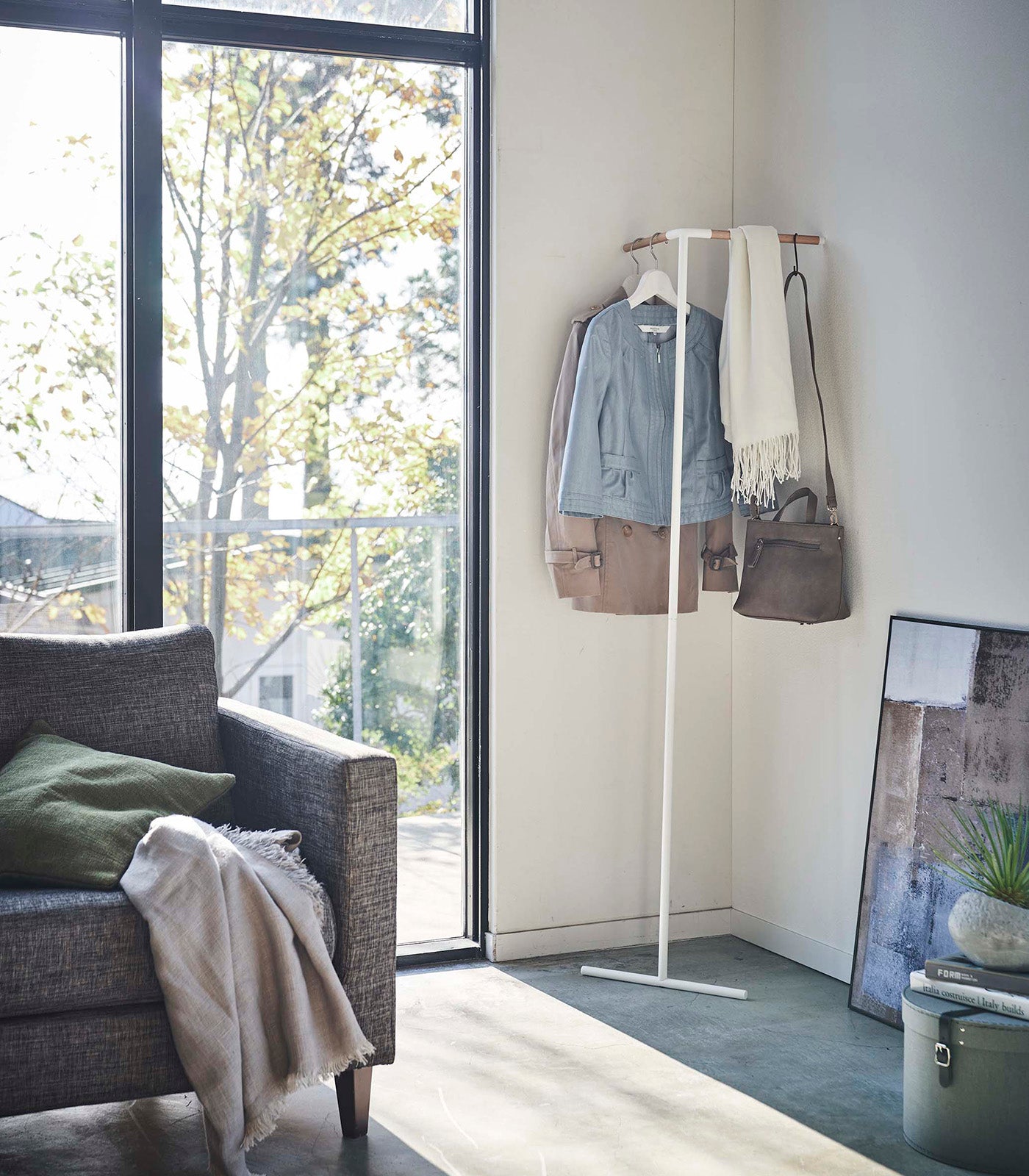 Corner Leaning Coat Hanger - 63 Inches Tall, Sturdy Steel Frame with Wooden Hooks - Space-Saving Wall Mounted Clothes Rack for Bedroom, Entryway or Closet Organization
