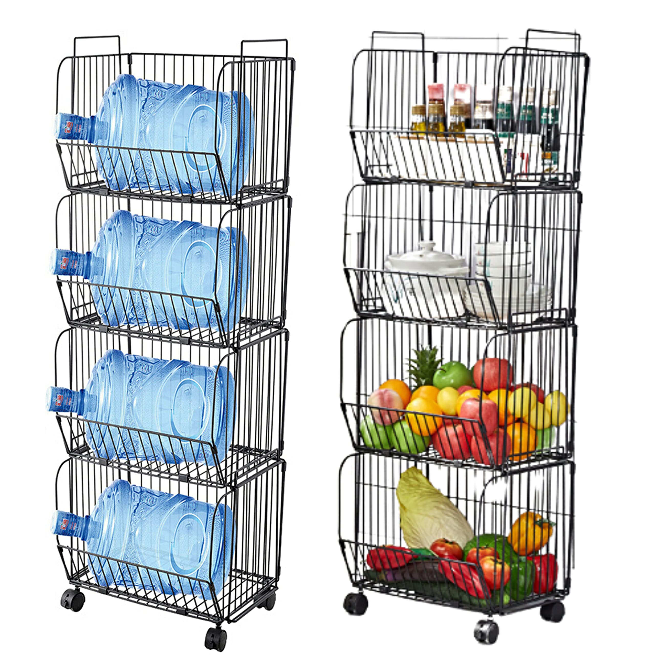 4-Tier Stackable Folding Metal Wire Basket Shelving with Wheels - Kitchen Storage Rack, Pantry Organizer, Rolling Cart for Fruits, Vegetables, Spices | Perfect for Bedroom, Bathroom & Small Space Organization