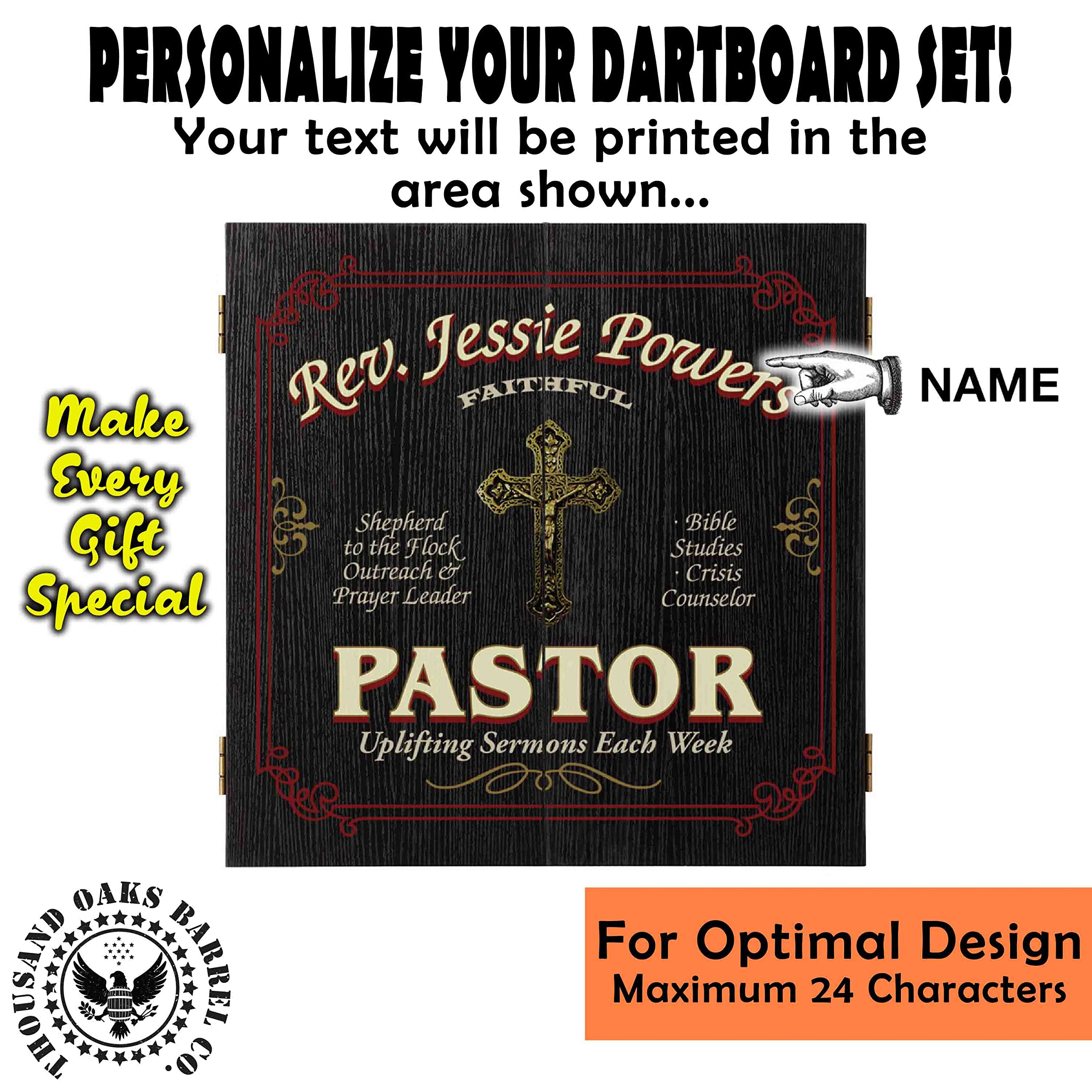 THOUSAND OAKS BARREL CO. Personalized Dartboard & Cabinet Set - Professional Steel Tip Dart Board for Adults with 6 Darts, Eraser & Chalk Scoreboard - Perfect for Game Rooms, Bars & Home Entertainment