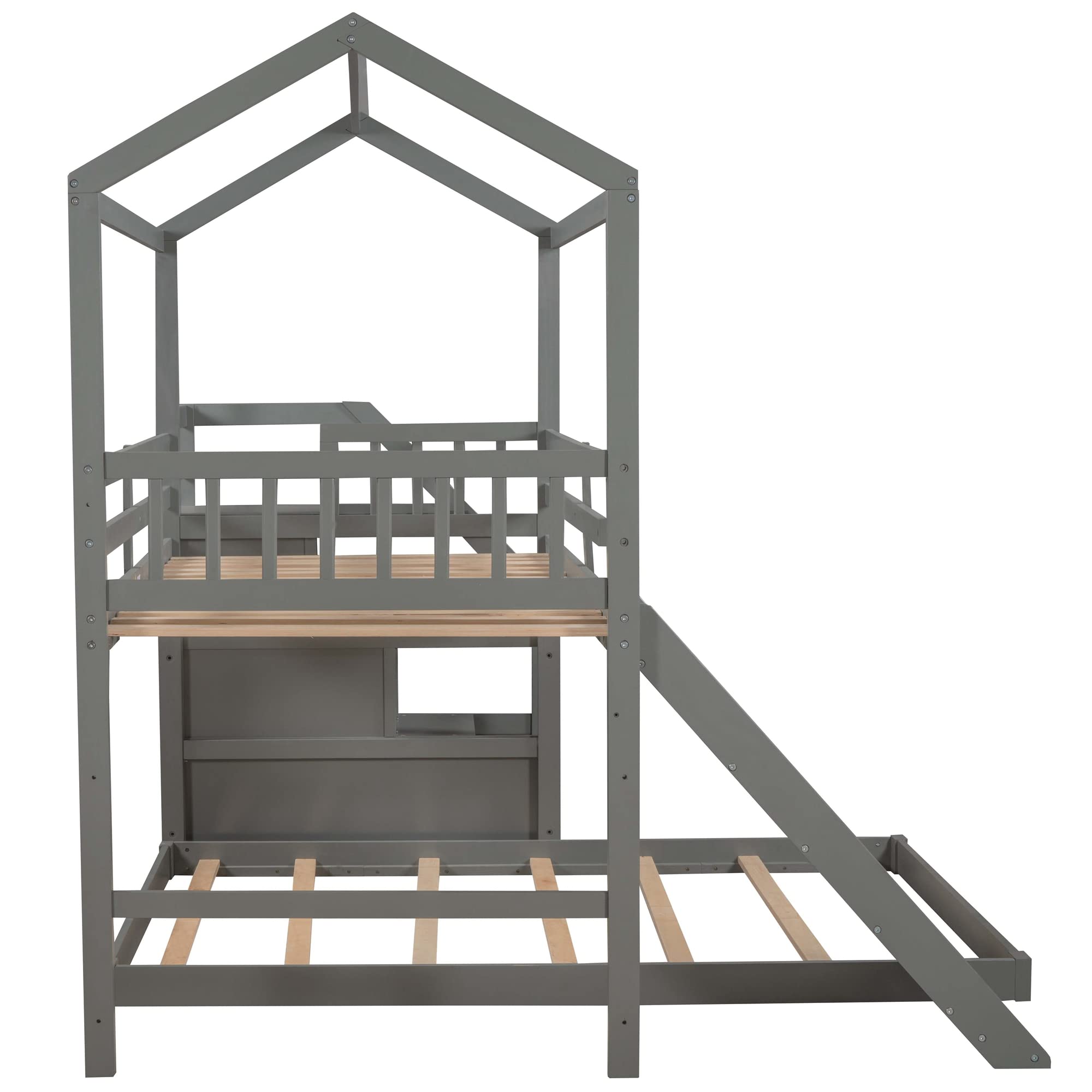 LZ LEISURE ZONE Twin Over Full Bunk Bed with Slide & Storage Stairs - Convertible Wooden Bunk Bed Frame for Kids, Teens & Adults - Safe Full-Length Guardrail - Space-Saving Grey Bunk Bed for Small Rooms, Guest Rooms & Vacation Homes