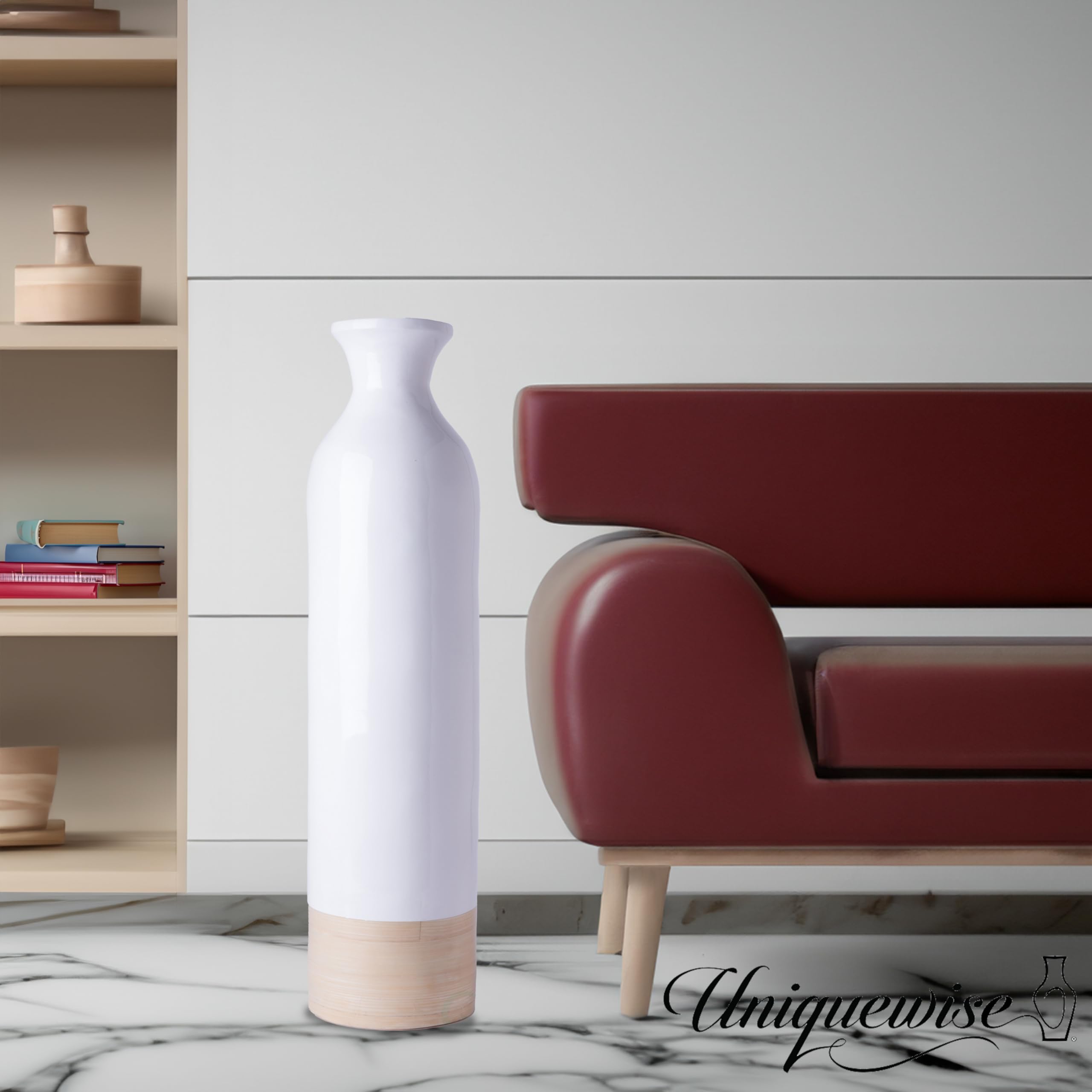 Elegant Black or White Tall Cylinder Bamboo Floor Vases - Glossy Lacquer & Natural Bamboo Finish - 31