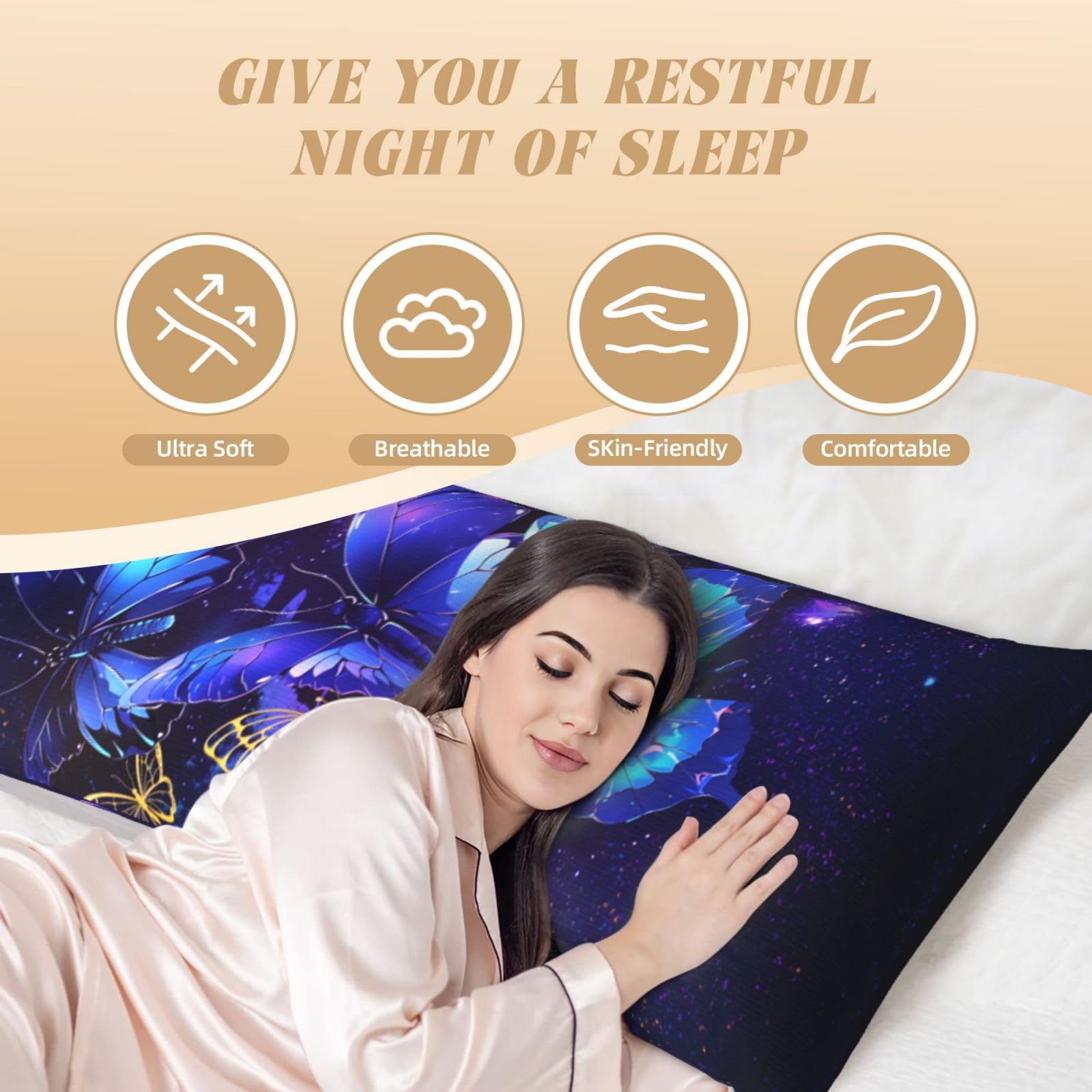 Butterfly Body Pillow Cover 20x54 Inches - Soft Breathable Pillowcase with Hidden Zipper for Adults & Kids - Perfect for Sleeping, Lounging, and Anime Fans (Gift for Women, Men, Boys, Girls)
