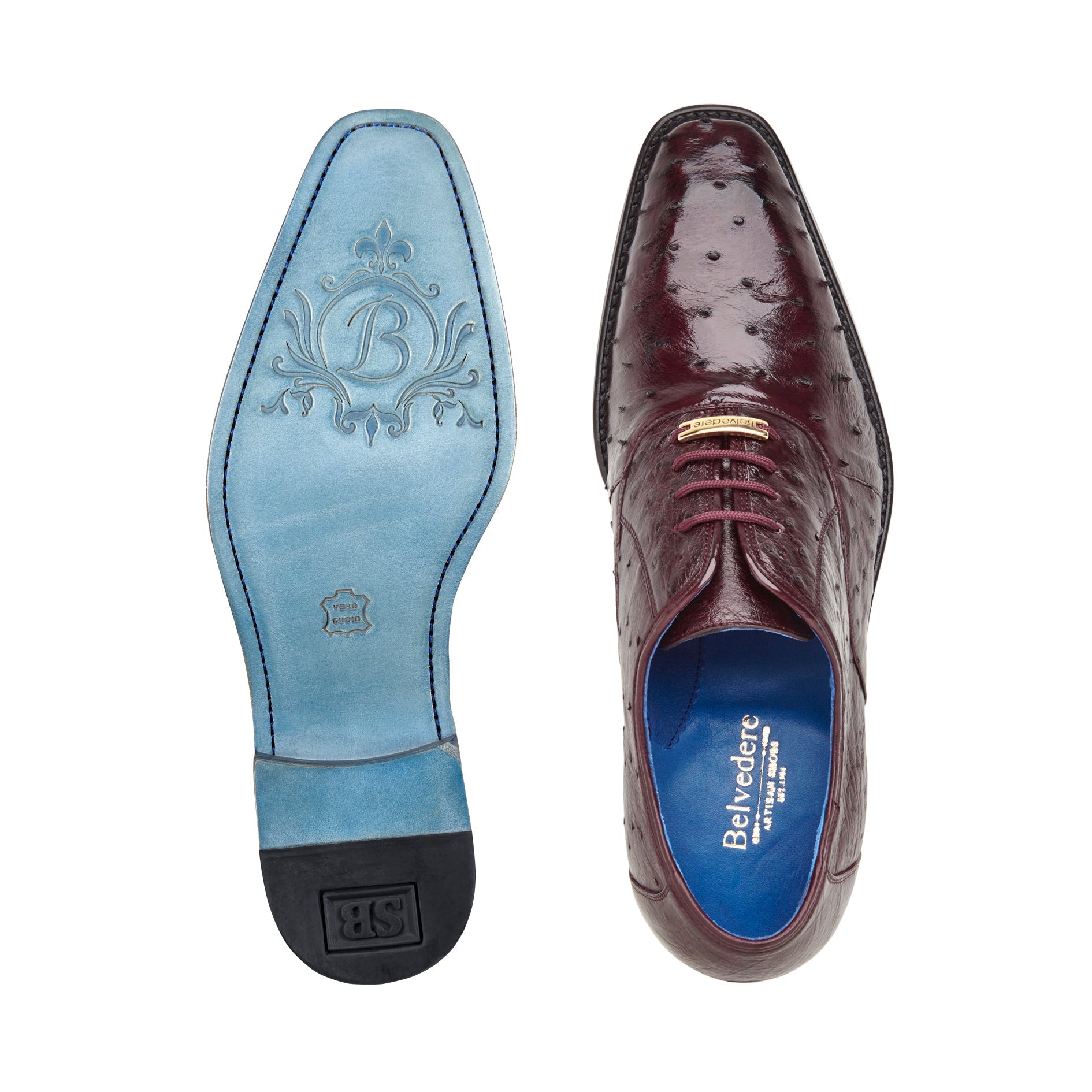 Belvedere Orlando Genuine Ostrich Quill Dress Shoes - Antique Dark Burgundy D01 | Premium Men's Formal Footwear for Business & Special Occasions